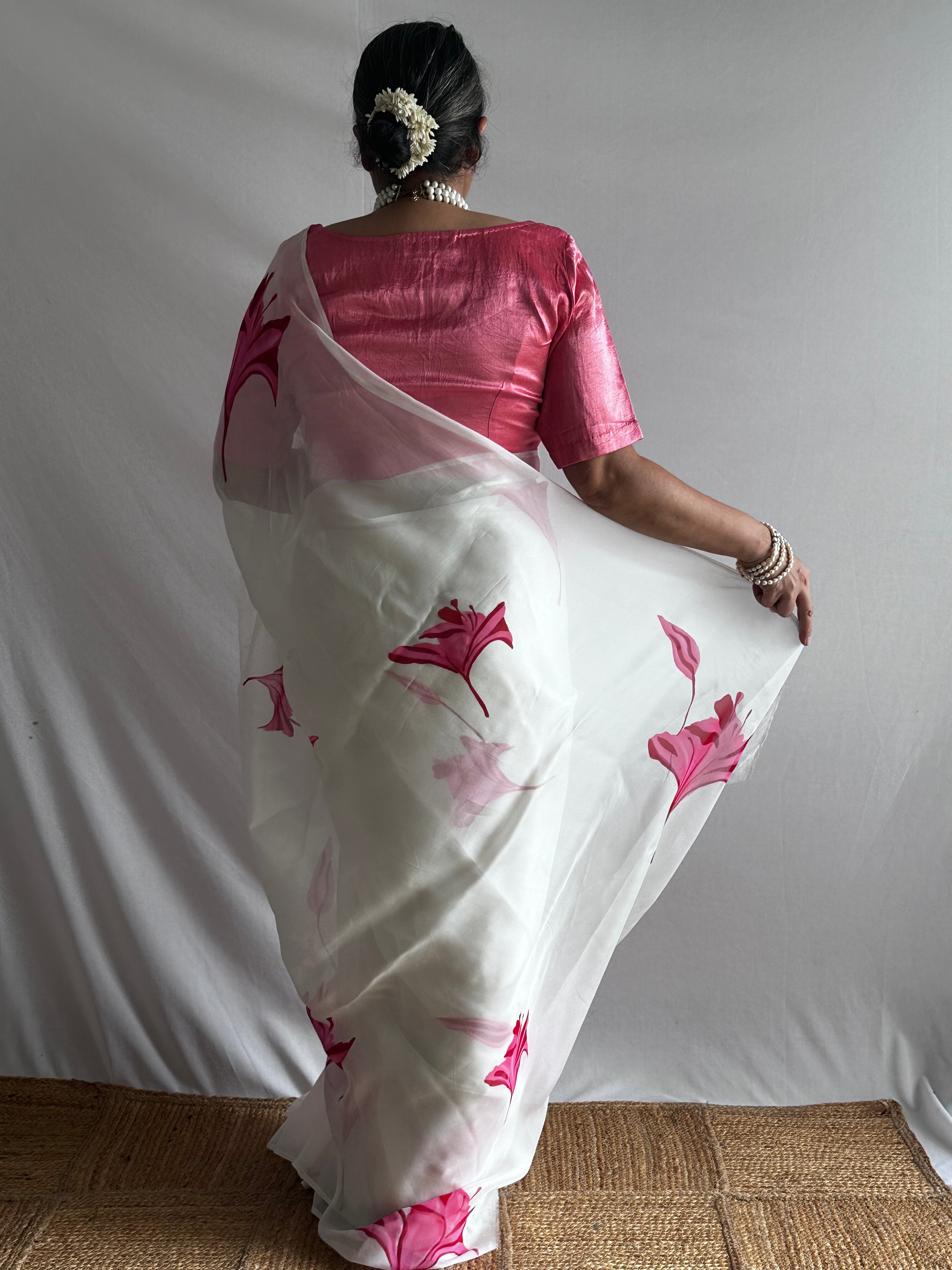 Gulnaar - Hand print Organza Silk saree