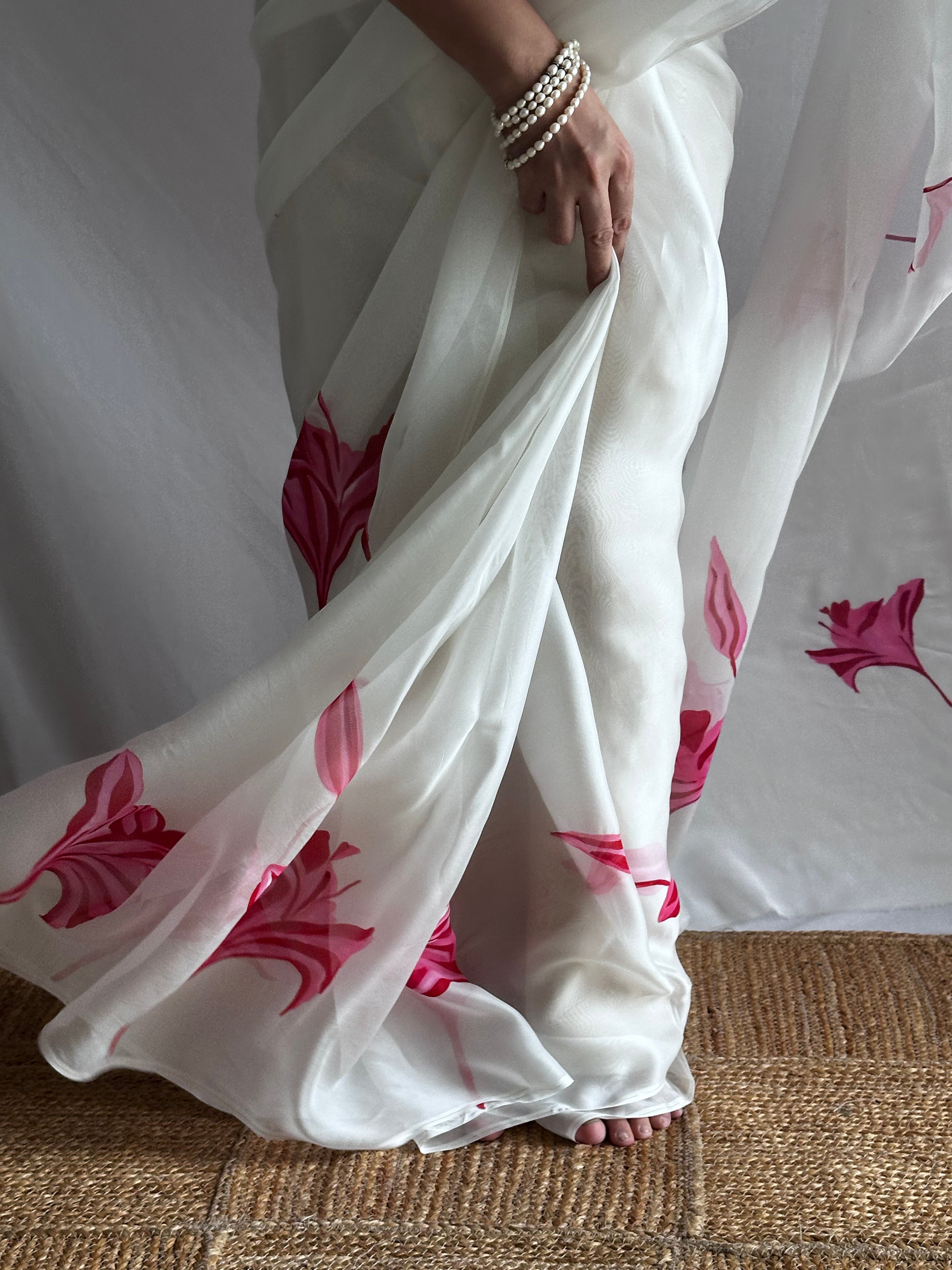 Gulnaar - Hand print Organza Silk saree