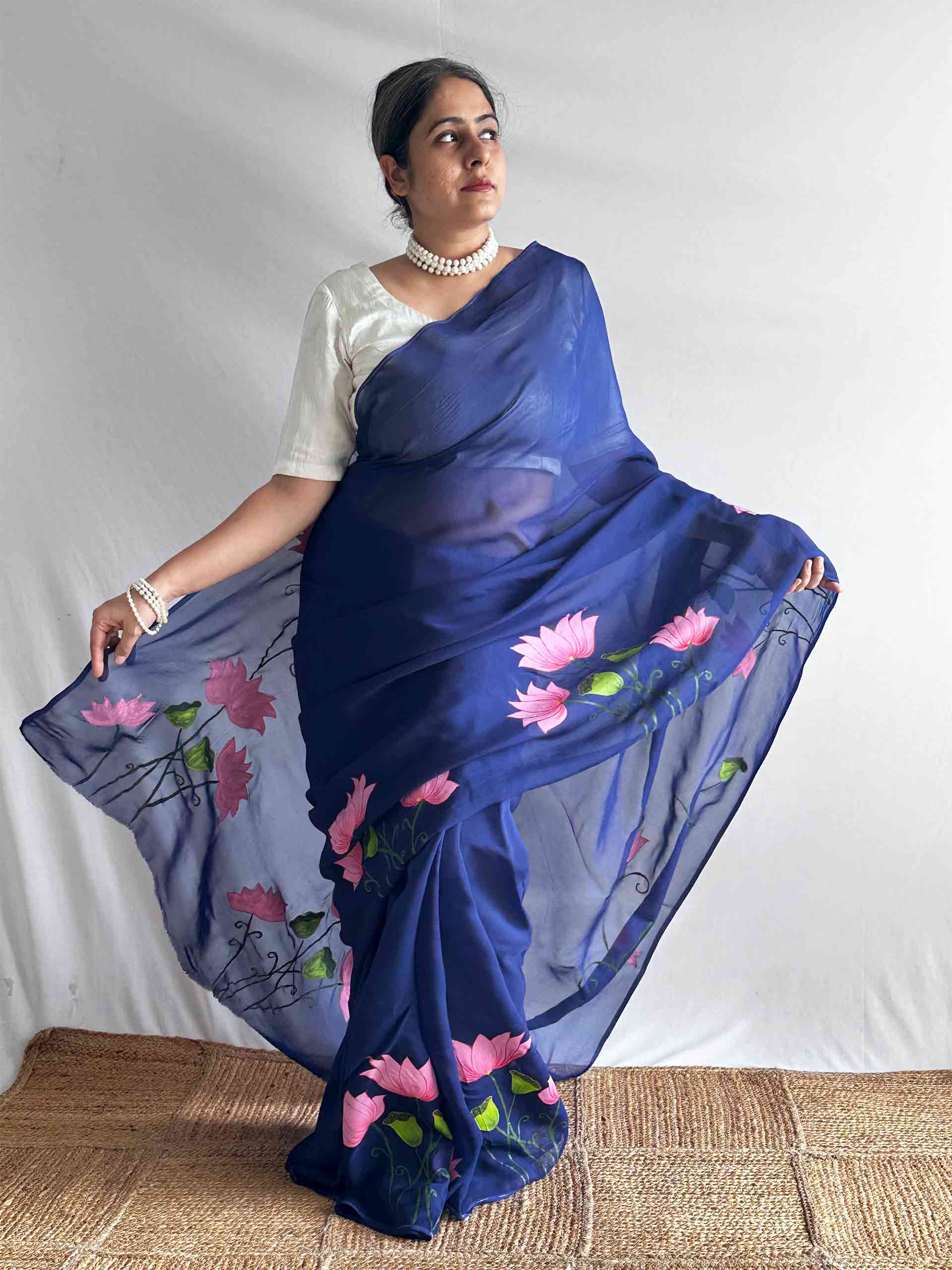 Nilambari Lotus - Hand print Organza saree