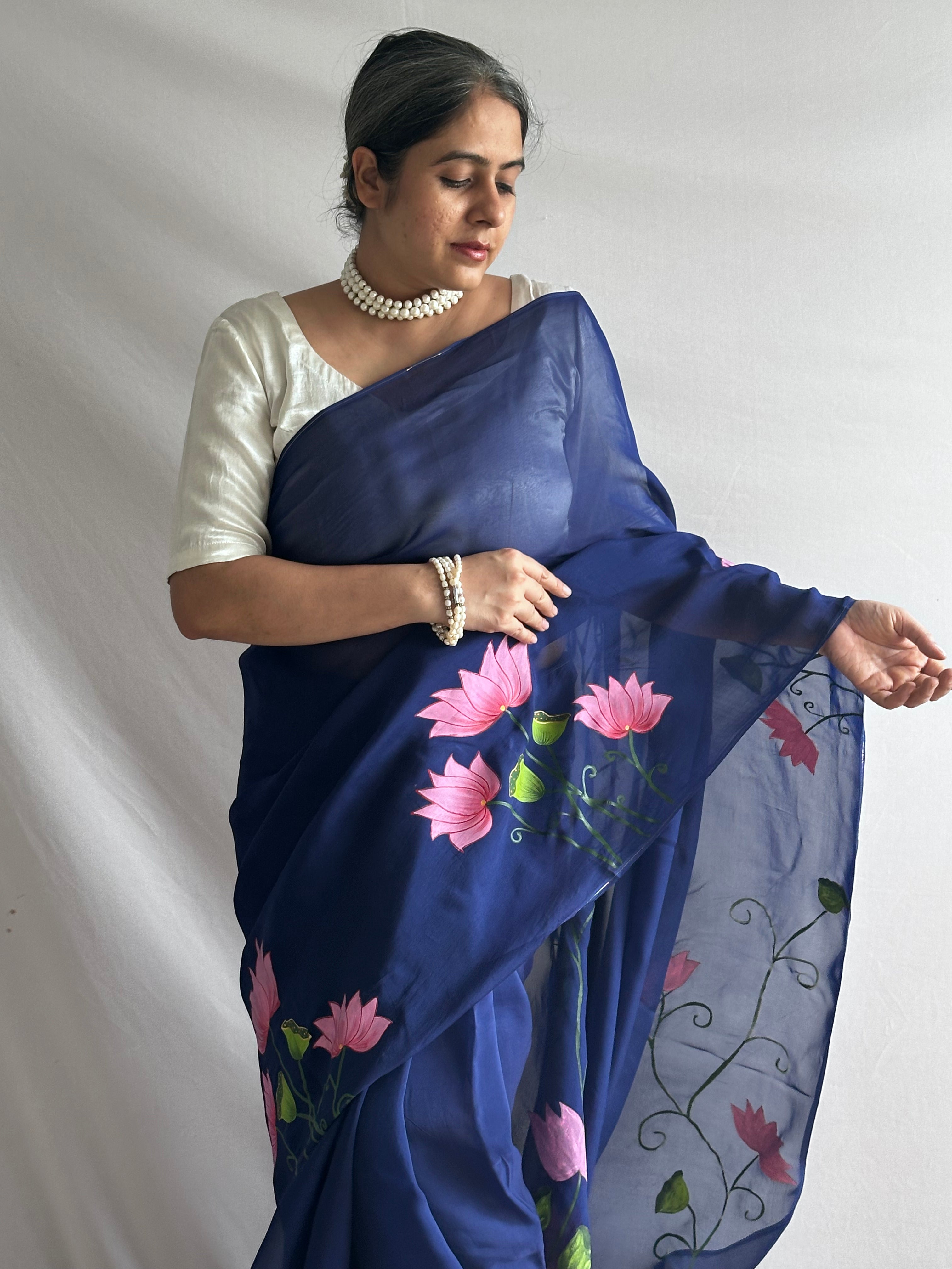 Nilambari Lotus - Hand print Organza Silk saree