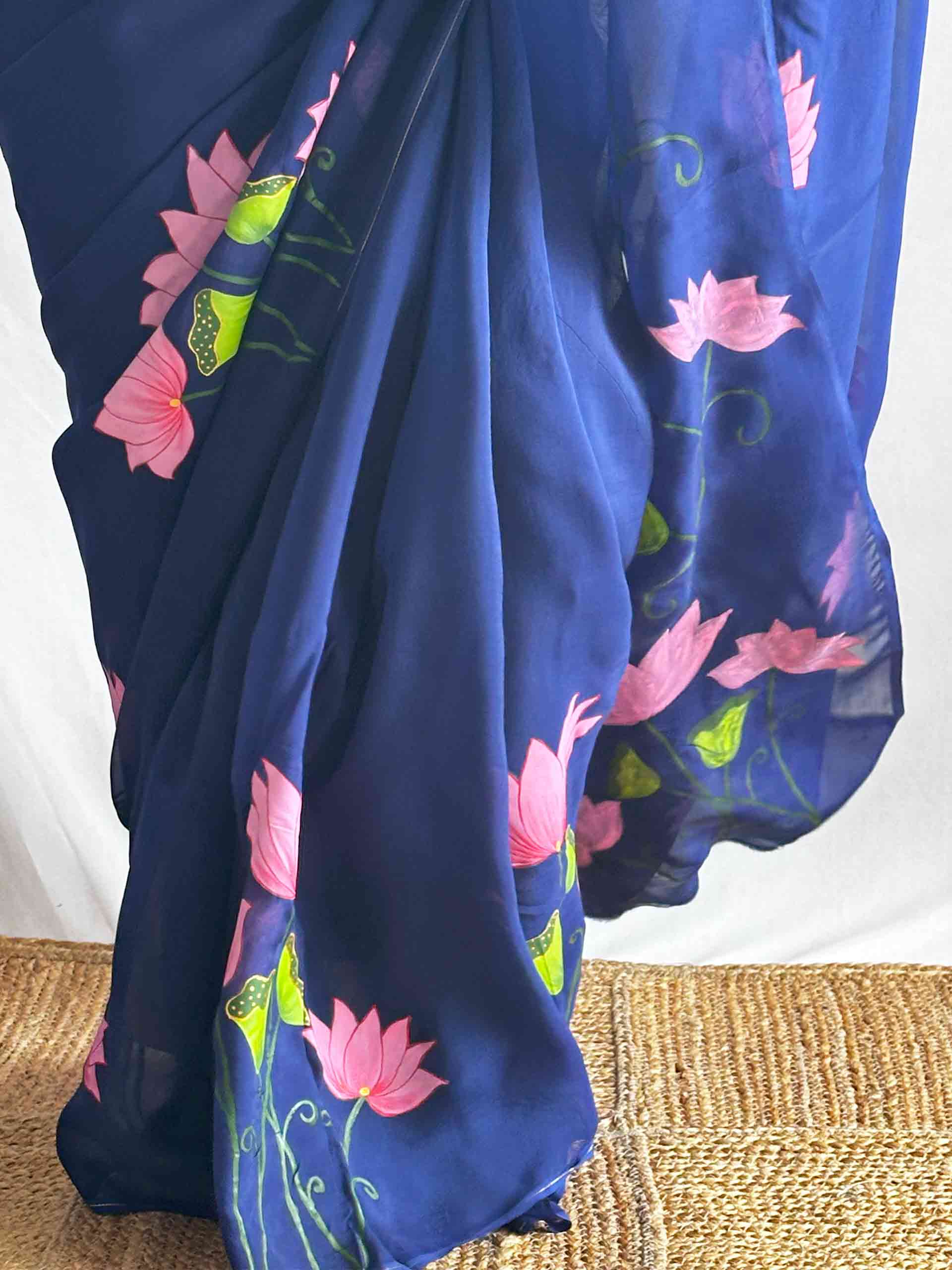 Nilambari Lotus - Hand print Organza saree
