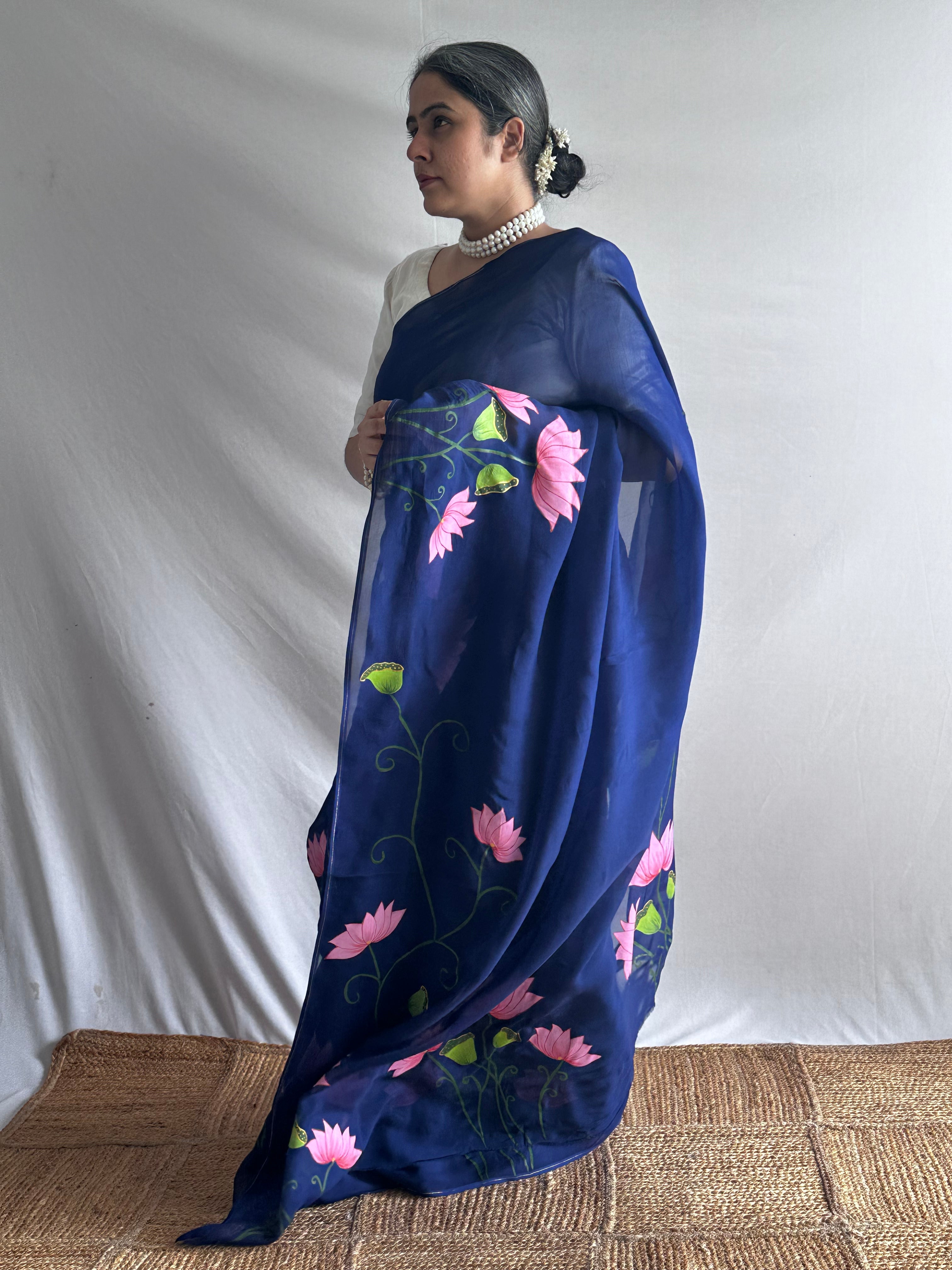Nilambari Lotus - Hand print Organza Silk saree