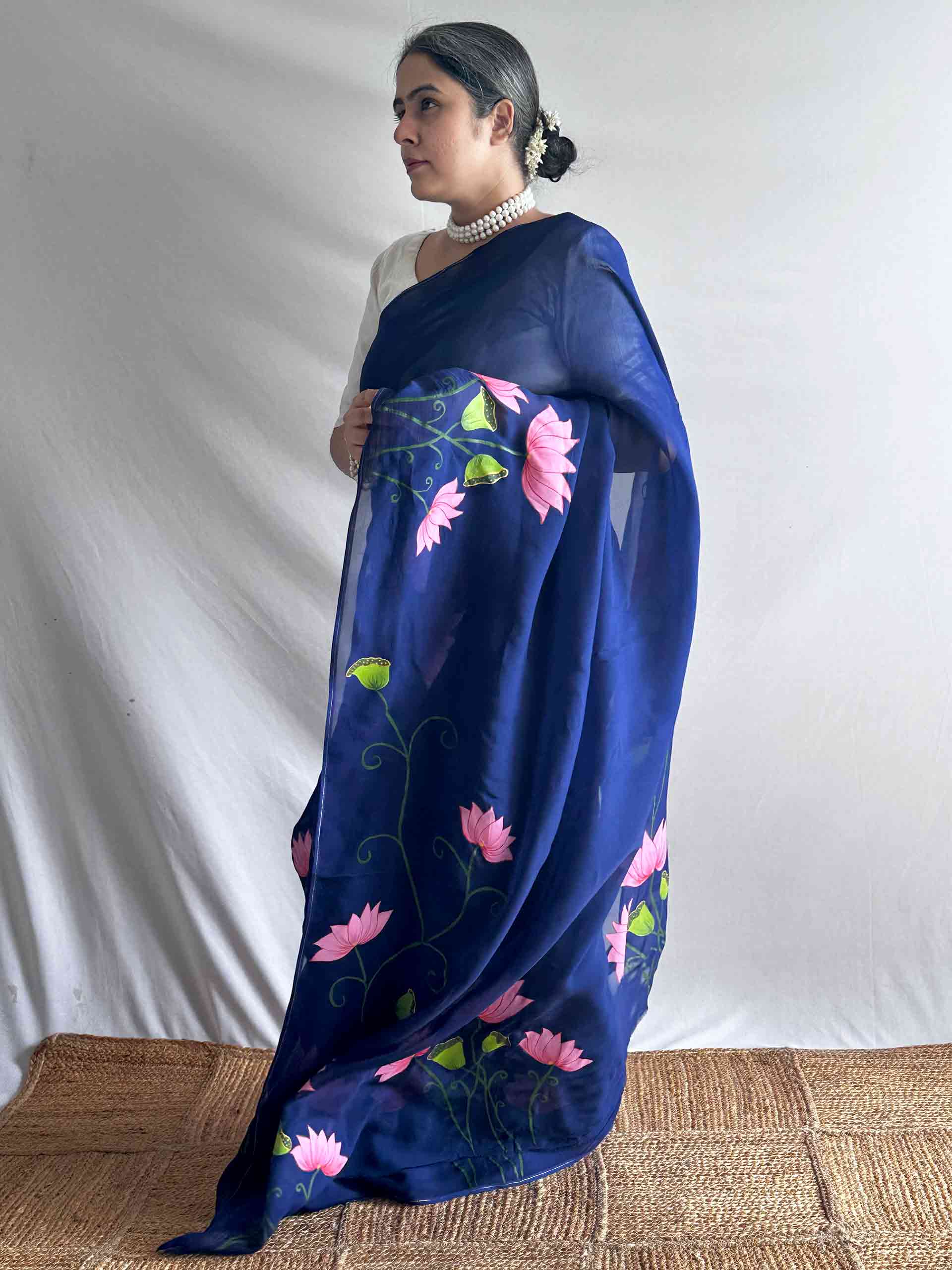Nilambari Lotus - Hand print Organza saree