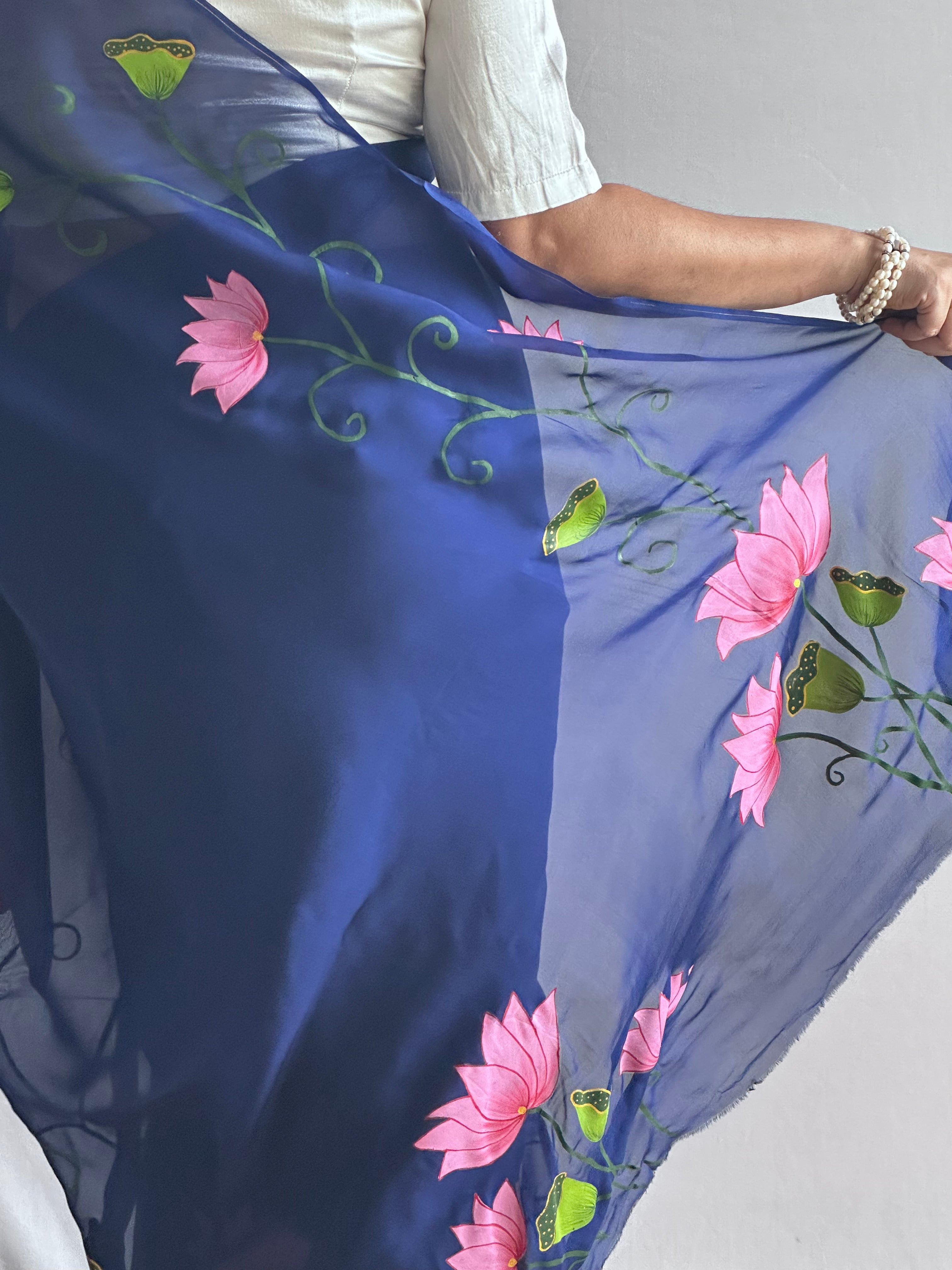 Nilambari Lotus - Hand print Organza Silk saree