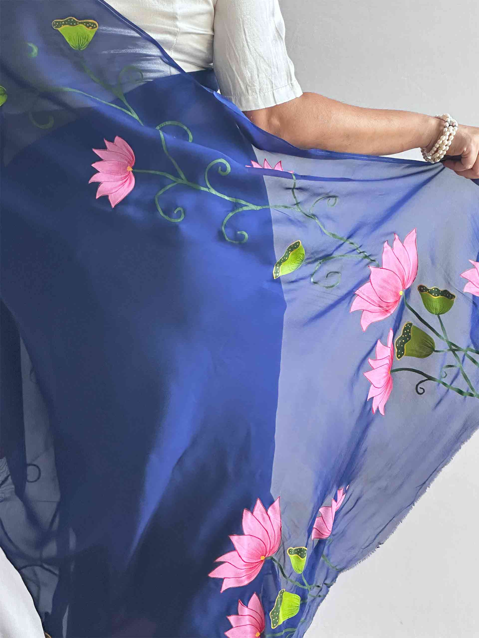 Nilambari Lotus - Hand print Organza saree