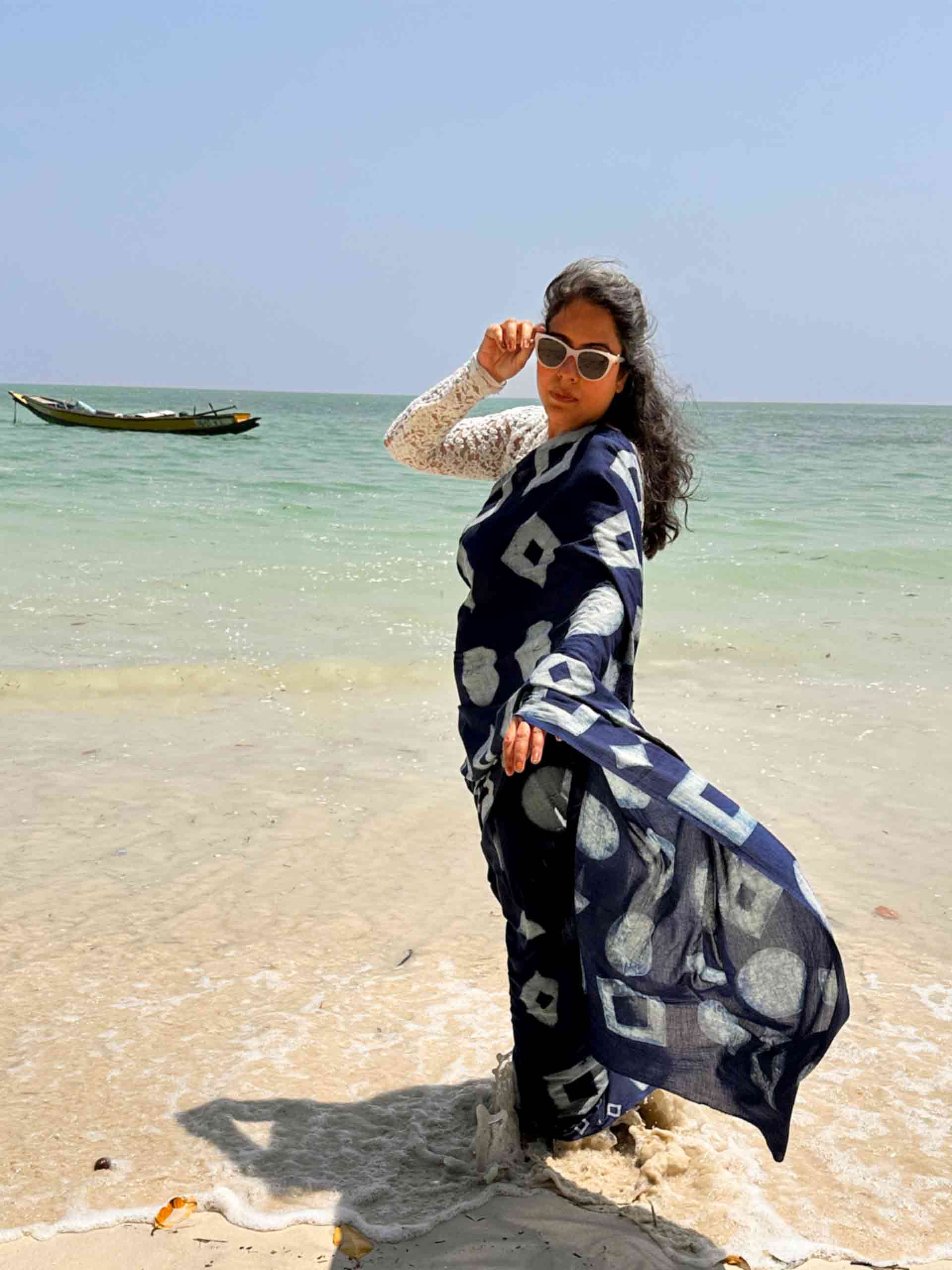 Shores Indigo mul cotton saree
