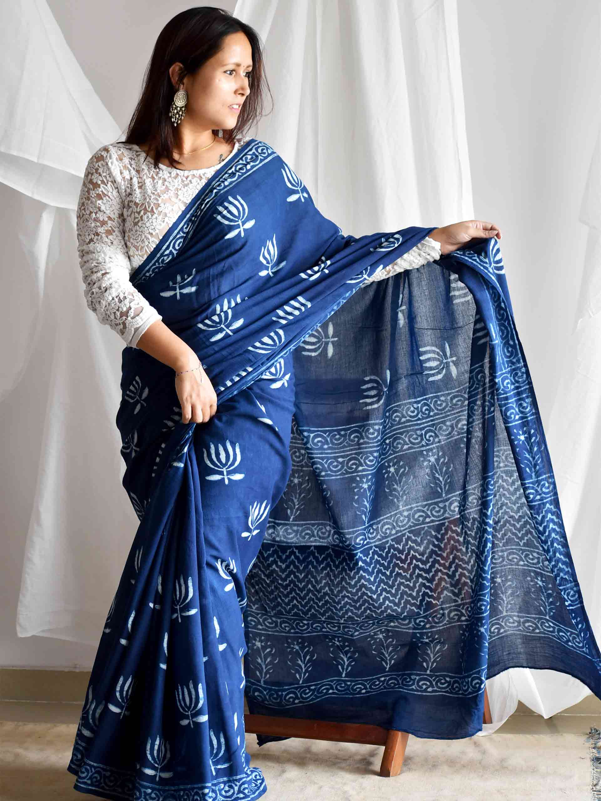 Kamal Indigo mul cotton saree