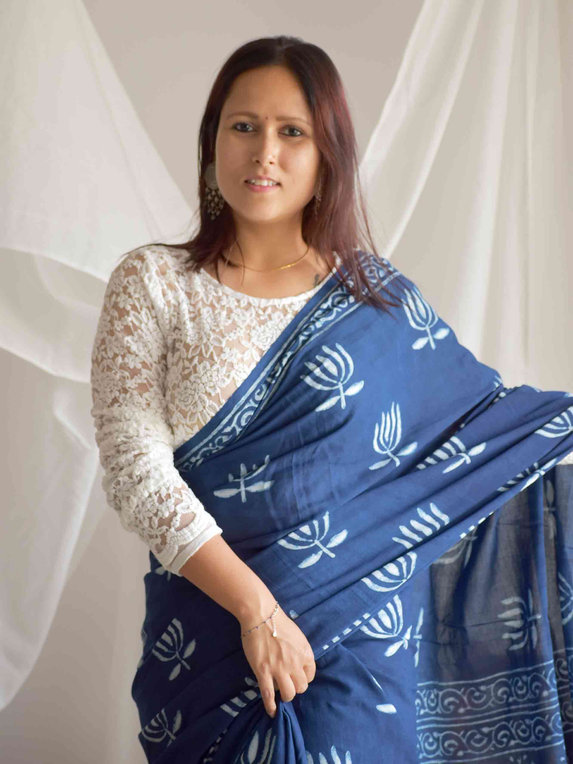 Kamal Indigo mul cotton saree