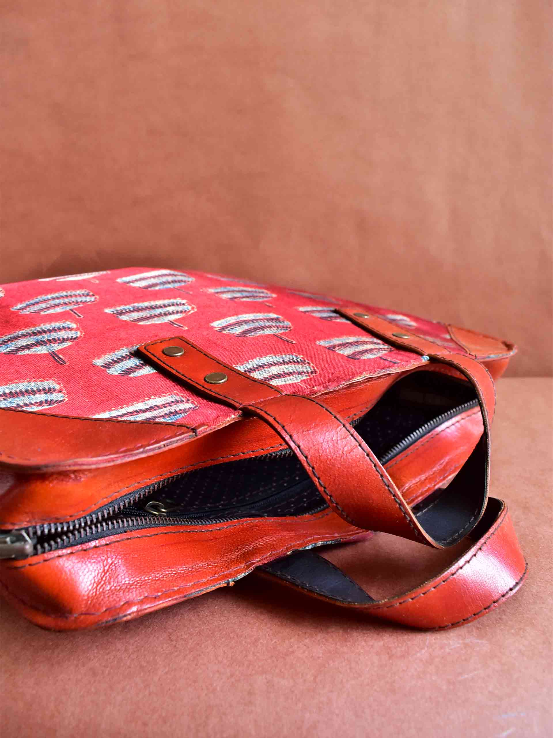 Red lotus Ajrakh Mashru Silk Leather Laptop Bag