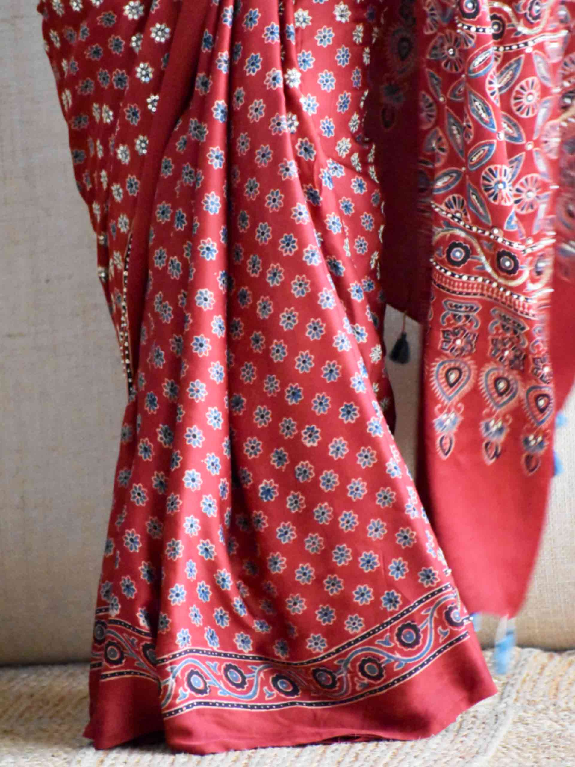 Rooh-e-Riwāyat - Ajrakh modal Silk hand embroidered Saree