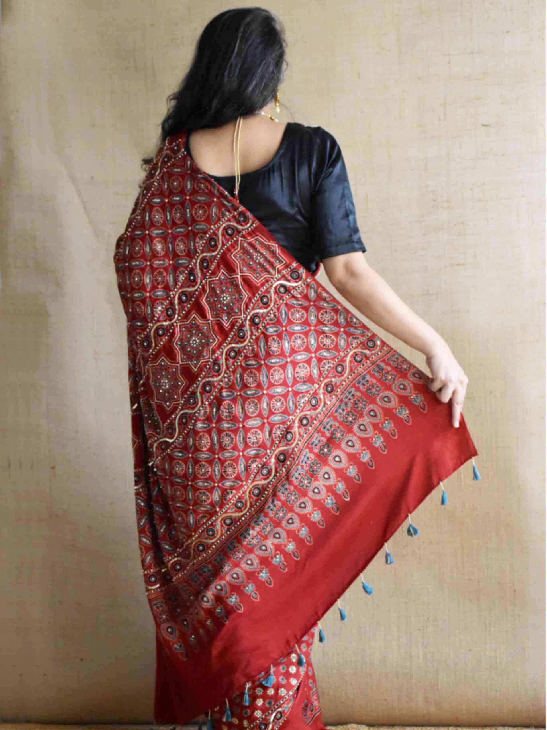 Rooh-e-Riwāyat - Ajrakh modal Silk hand embroidered Saree