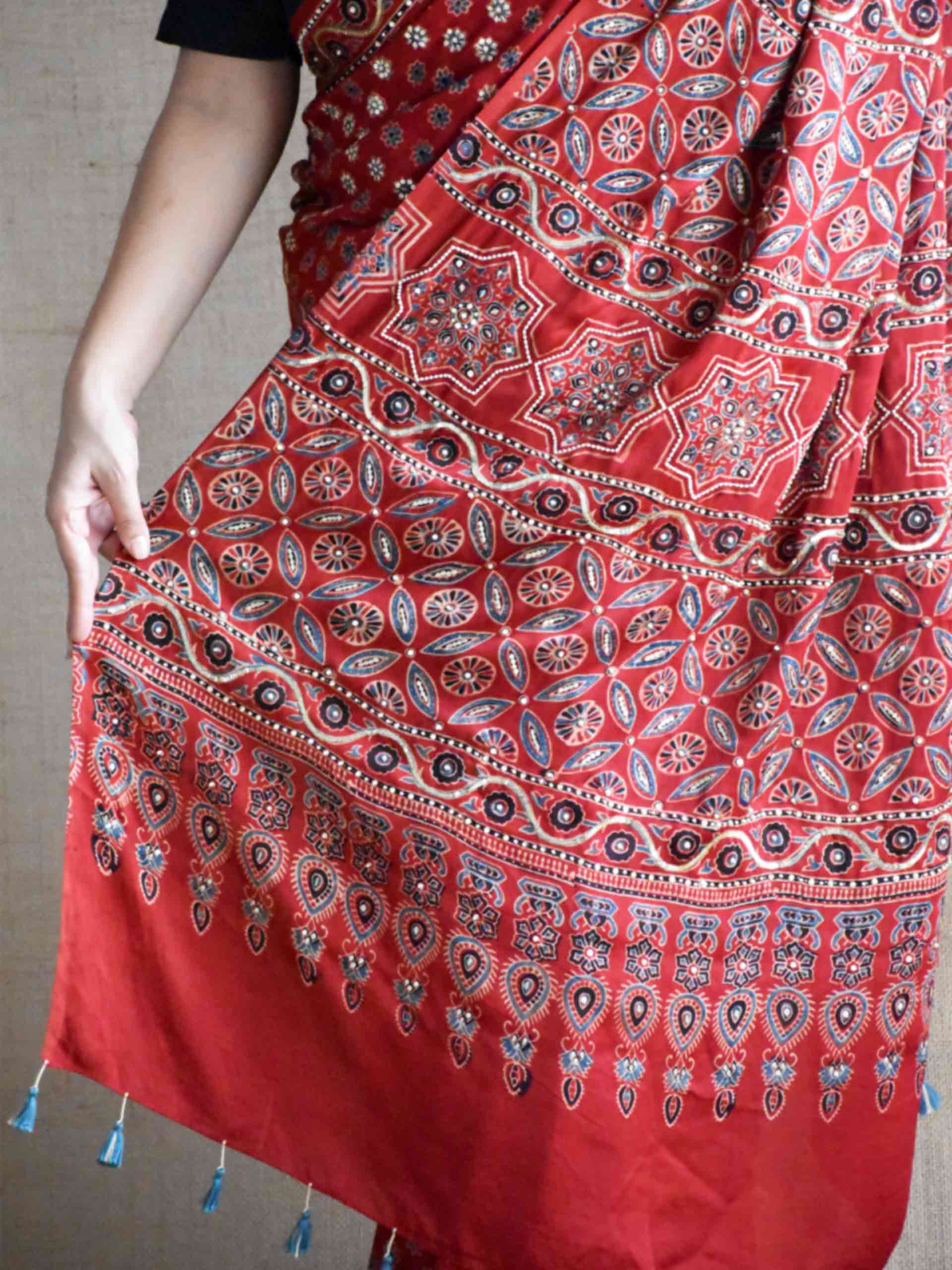 Rooh-e-Riwāyat - Ajrakh modal Silk hand embroidered Saree