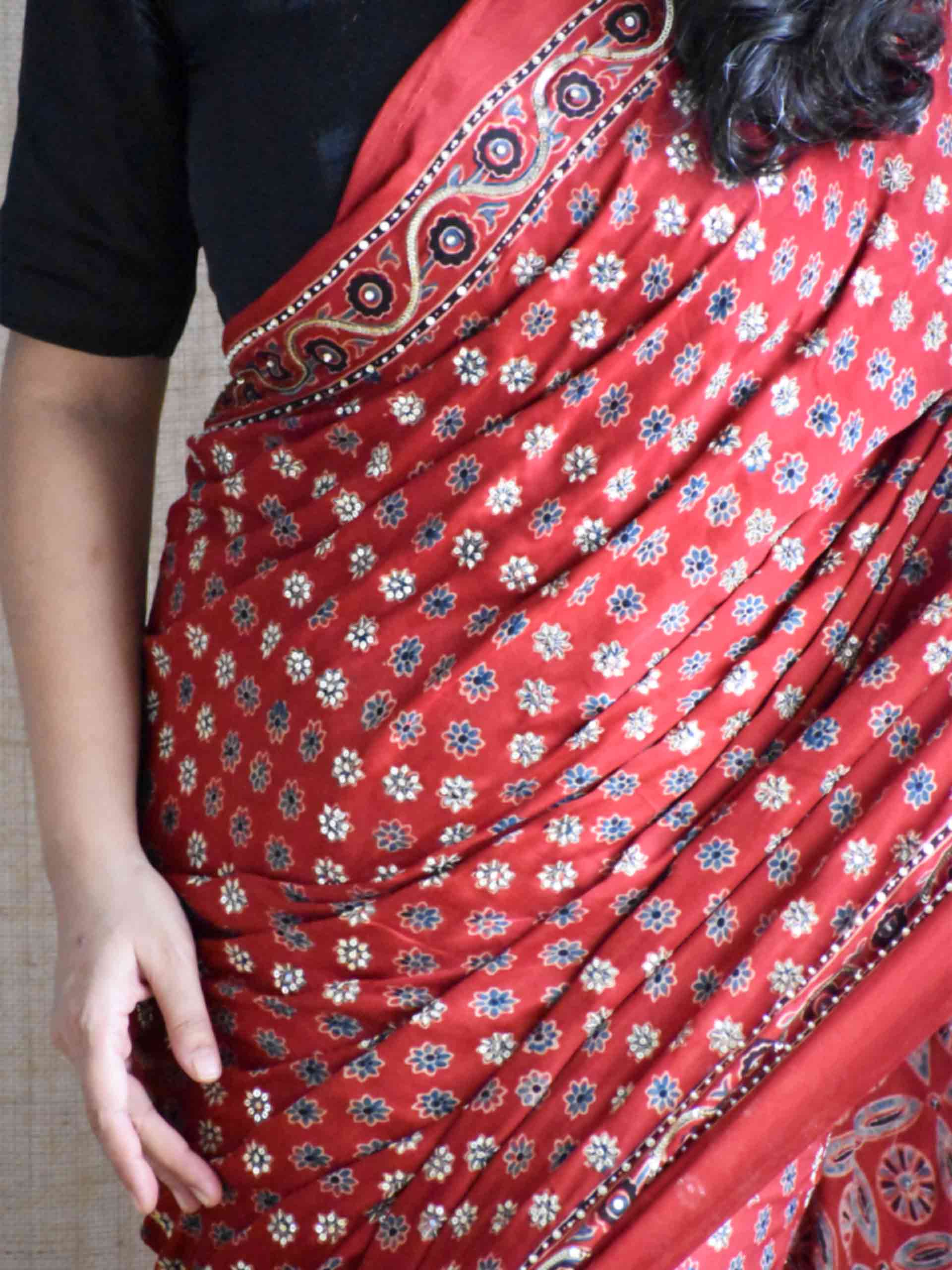 Rooh-e-Riwāyat - Ajrakh modal Silk hand embroidered Saree
