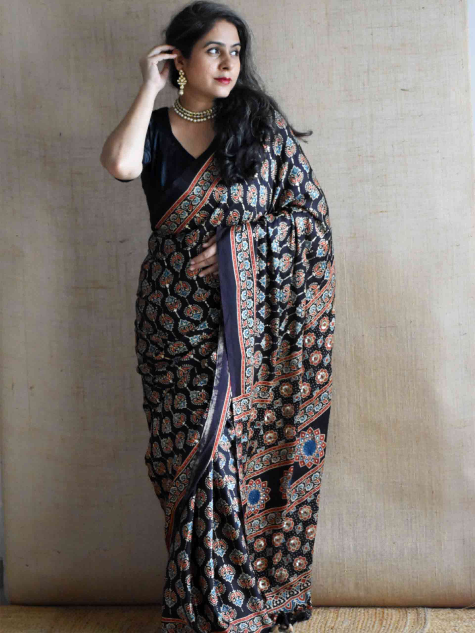 Shabnam - Ajrakh modal Silk hand embroidered Saree
