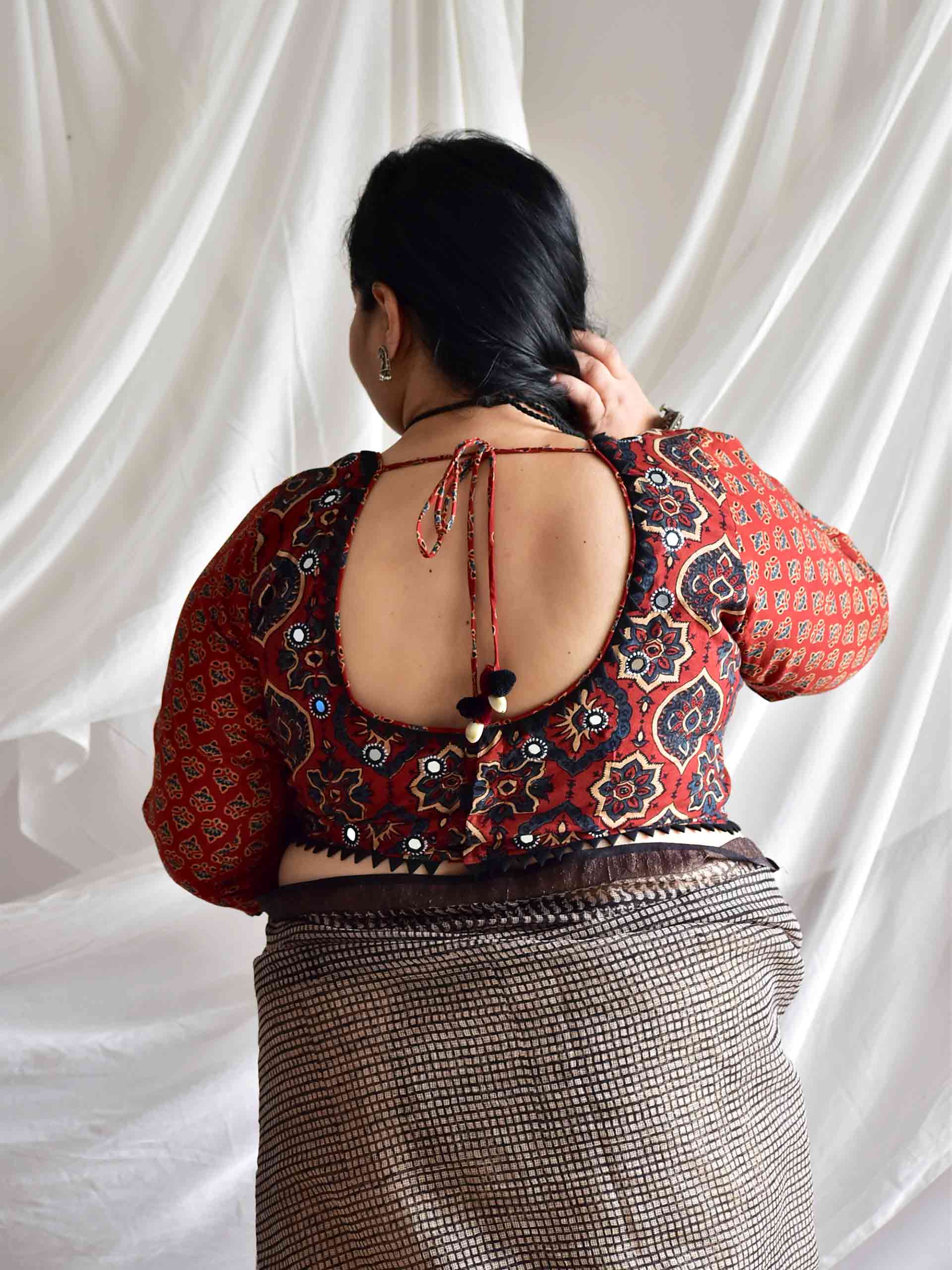 Maroon bloom - Plus Size Ajrakh hand block printed Kutch mirror work blouse