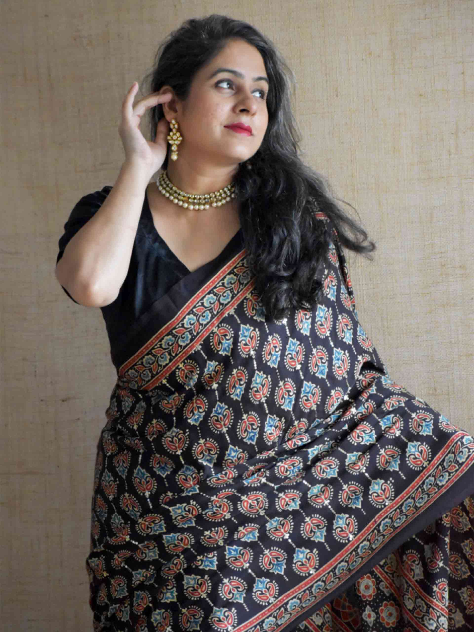 Shabnam - Ajrakh modal Silk hand embroidered Saree