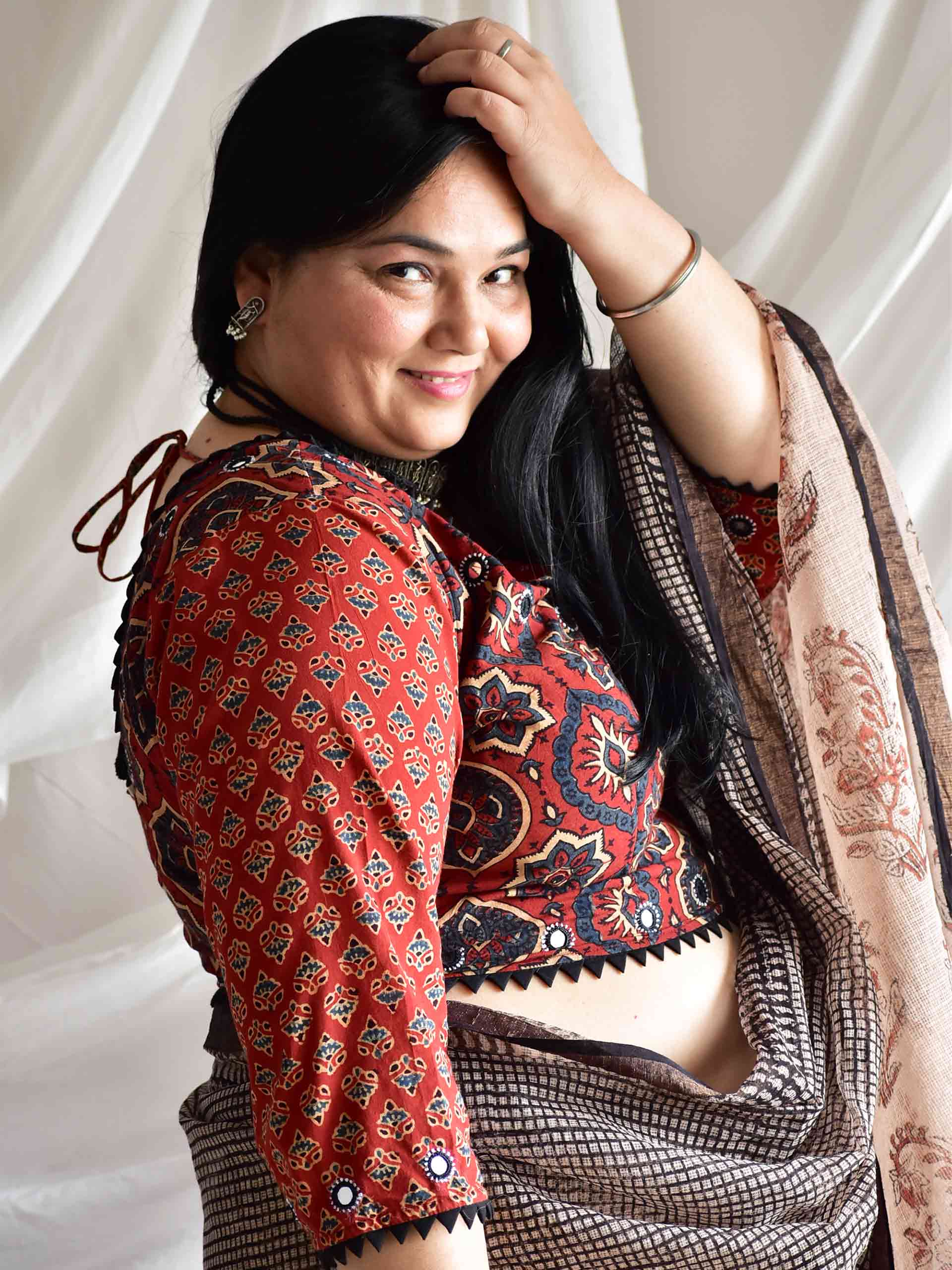 Maroon bloom - Plus Size Ajrakh hand block printed Kutch mirror work blouse