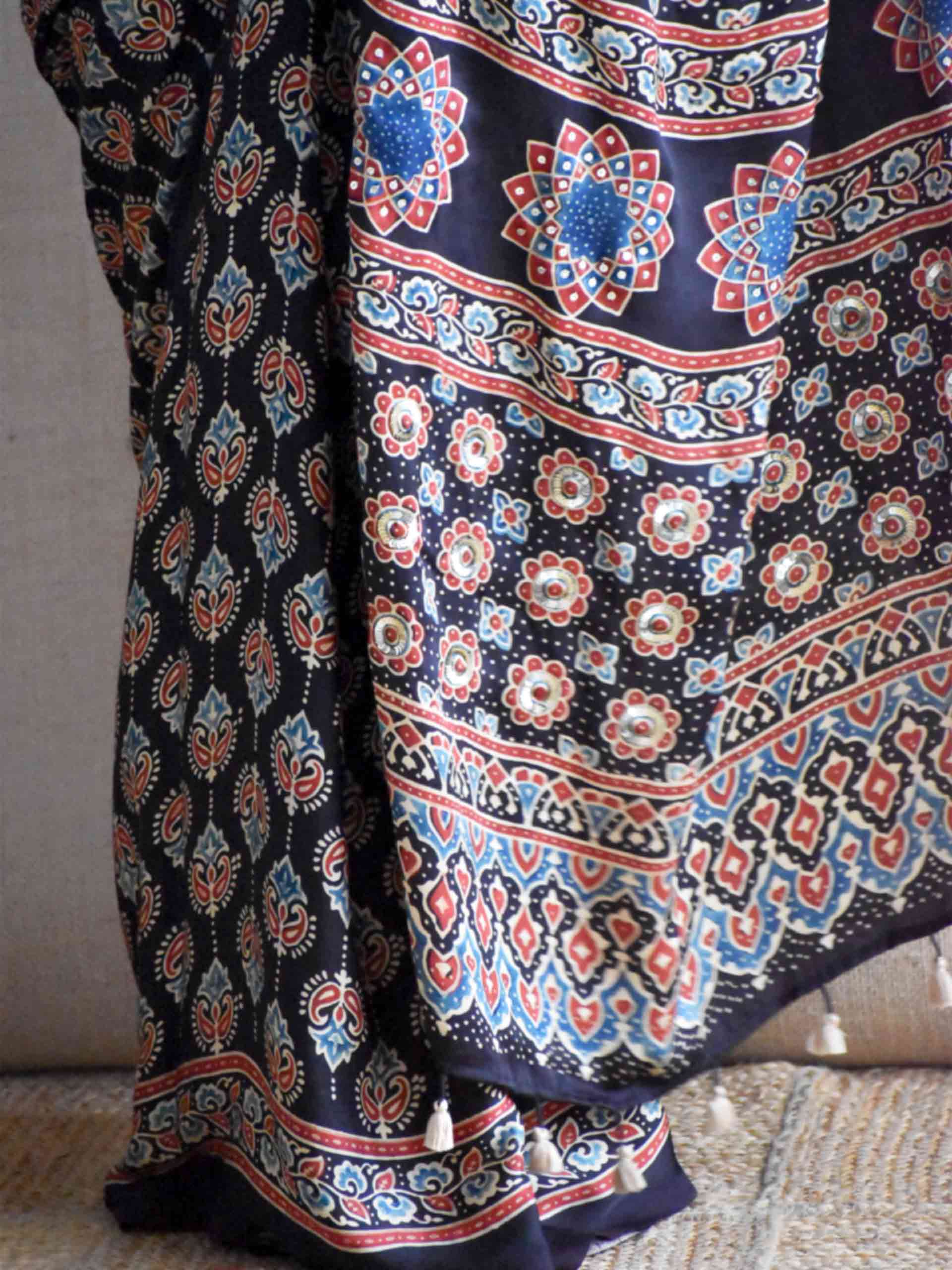 Shabnam - Ajrakh modal Silk hand embroidered Saree