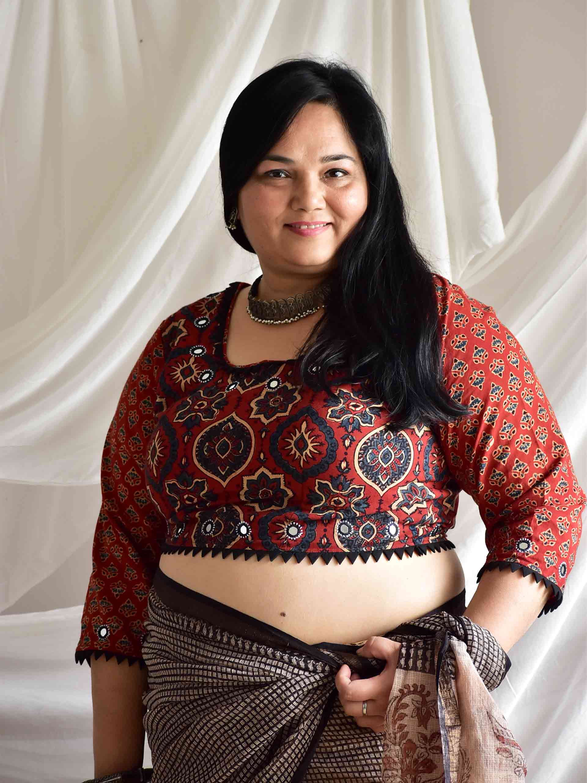 Maroon bloom - Plus Size Ajrakh hand block printed Kutch mirror work blouse