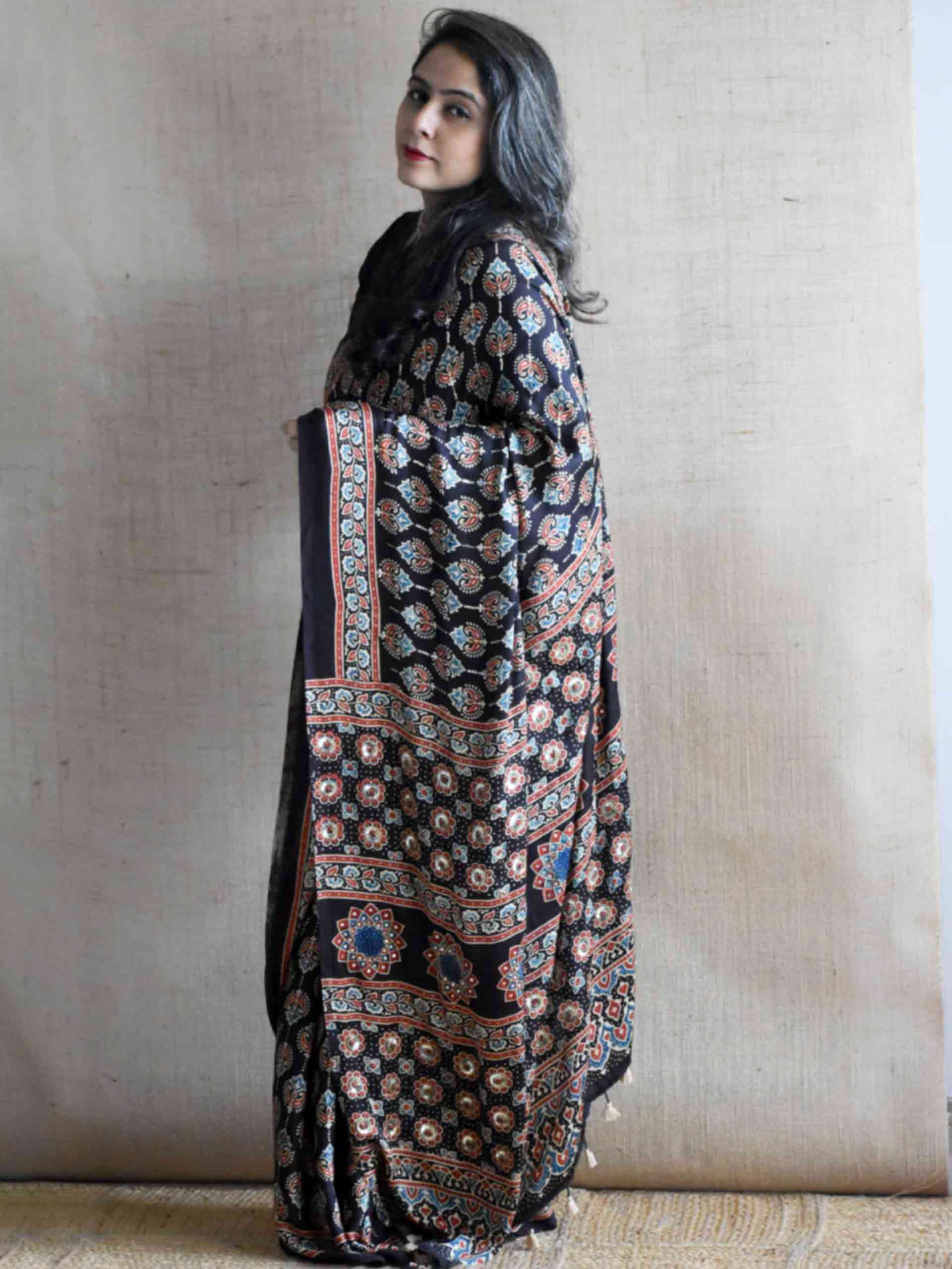 Shabnam - Ajrakh modal Silk hand embroidered Saree