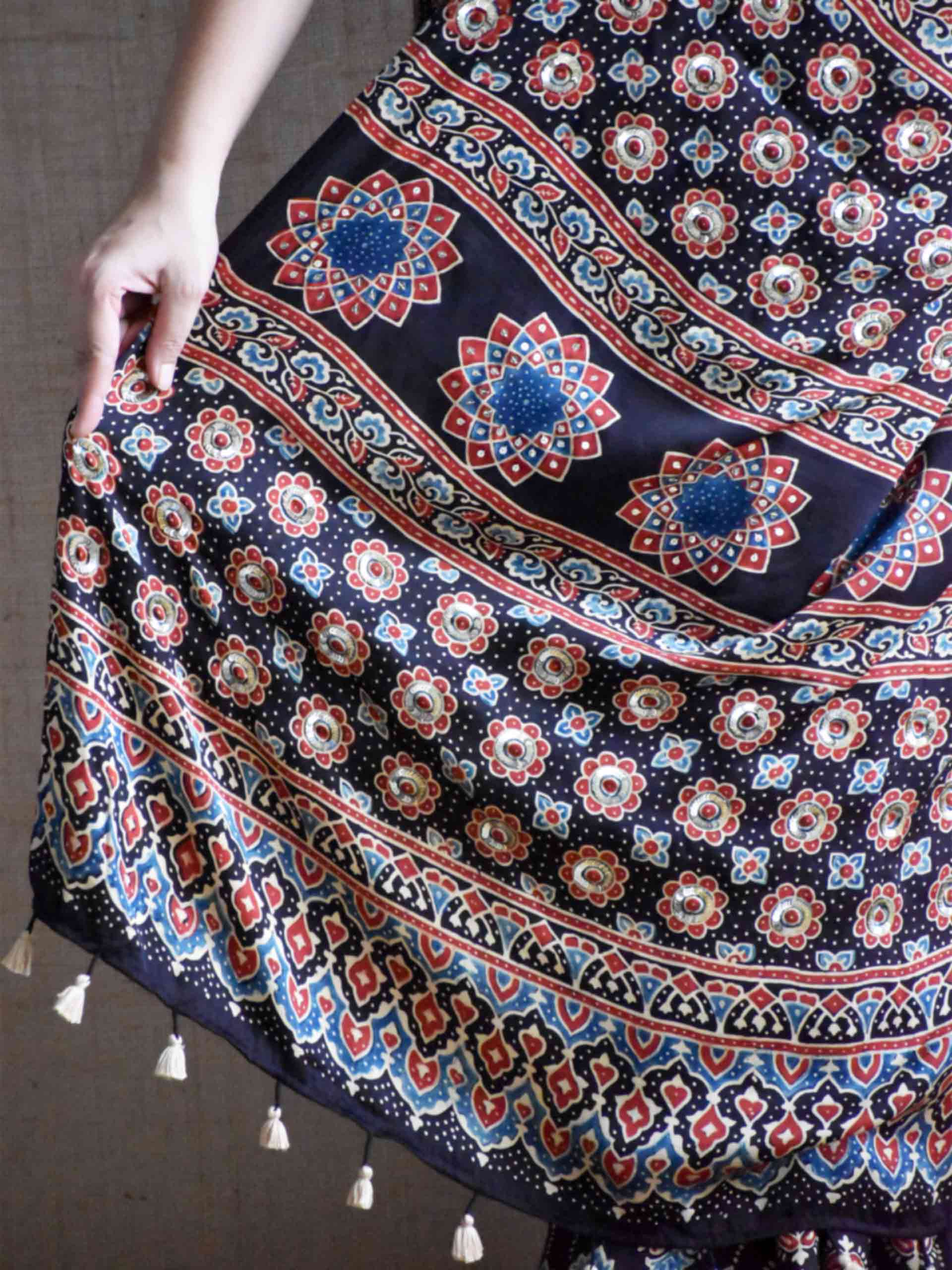Shabnam - Ajrakh modal Silk hand embroidered Saree