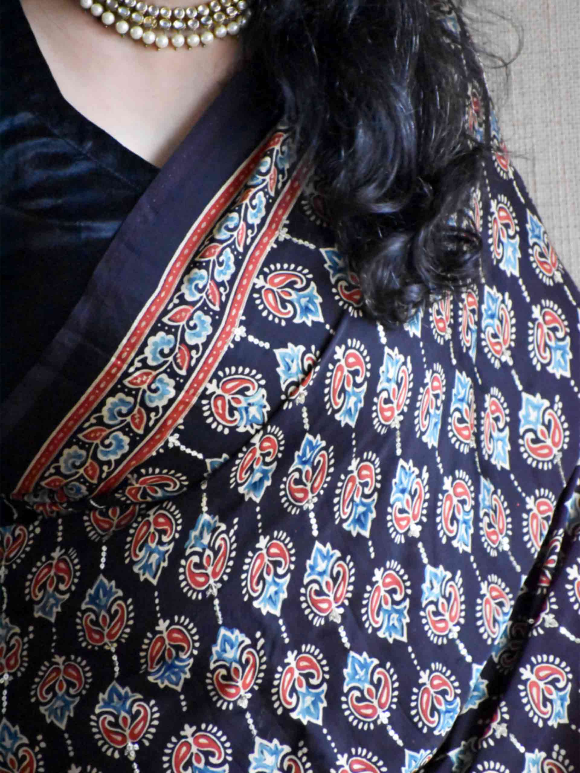 Shabnam - Ajrakh modal Silk hand embroidered Saree