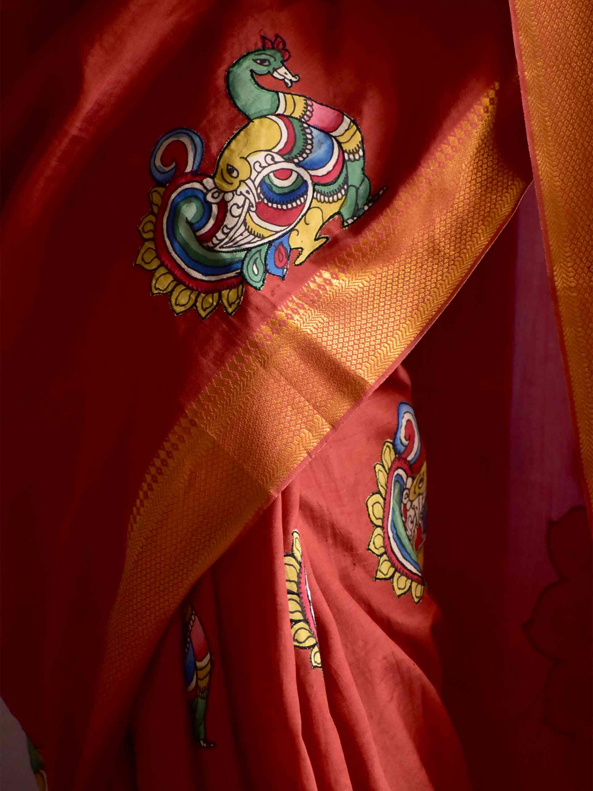 Megdootam - pen kalamkari Patchwork Mangalgiri Silk nizam border saree