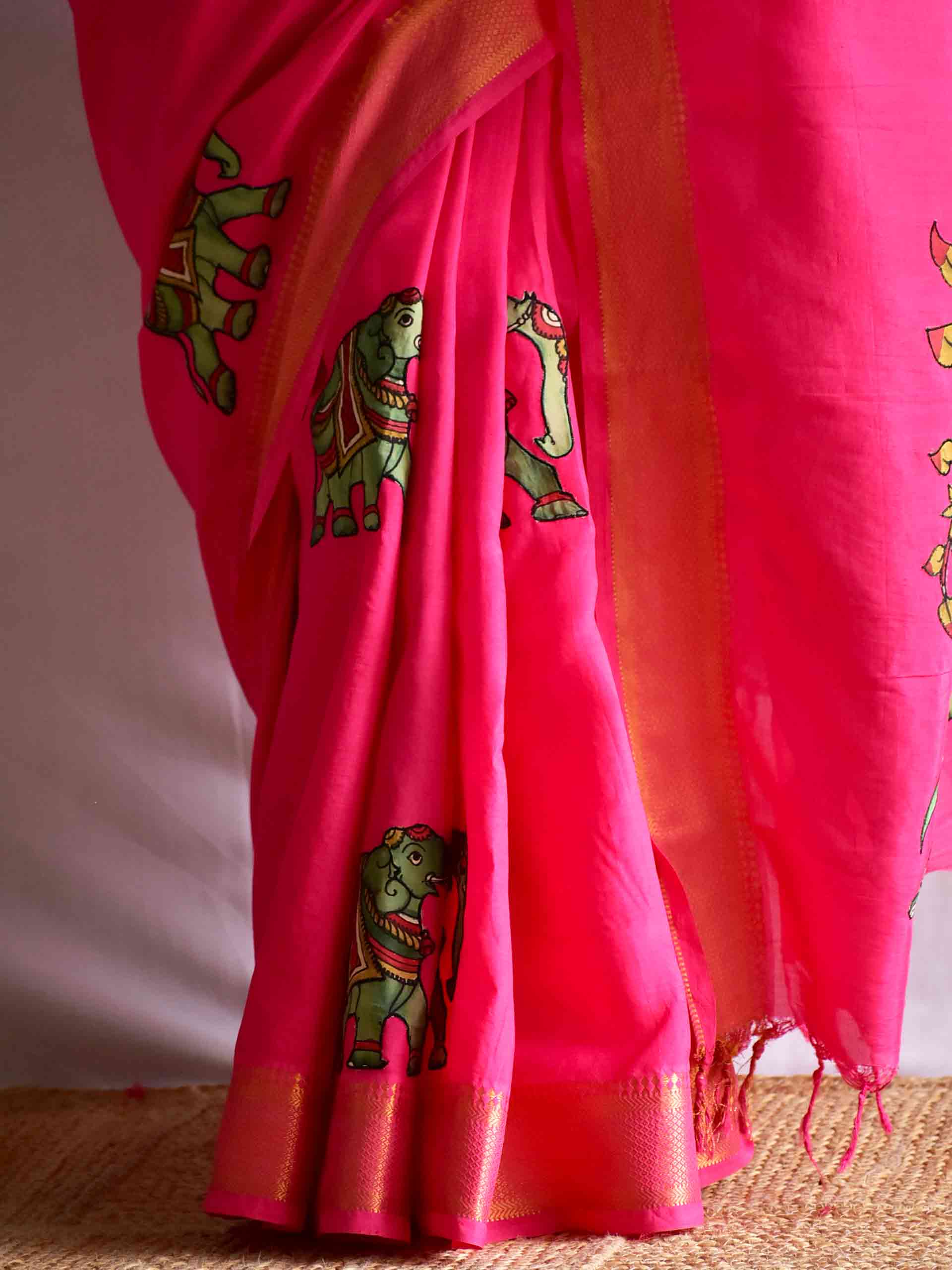 Gaj gamini - Pen kalamkari Patchwork Mangalgiri Silk nizam border saree