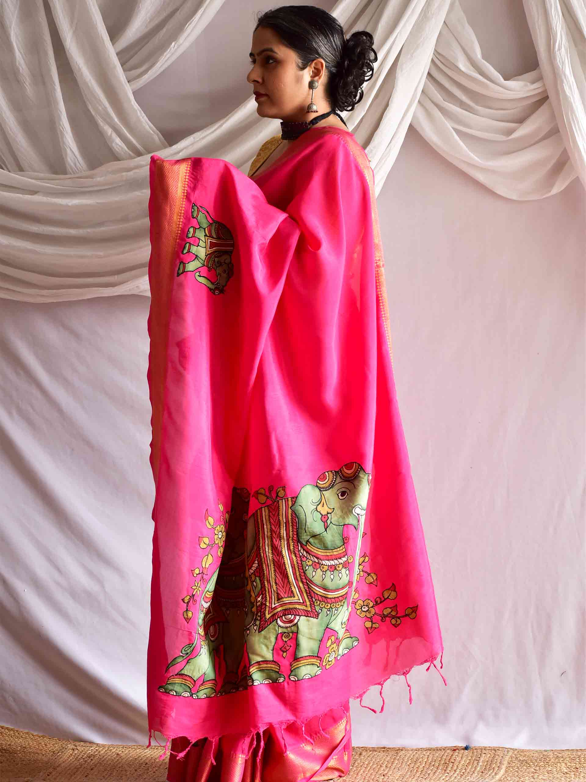 Gaj gamini - Pen kalamkari Patchwork Mangalgiri Silk nizam border saree