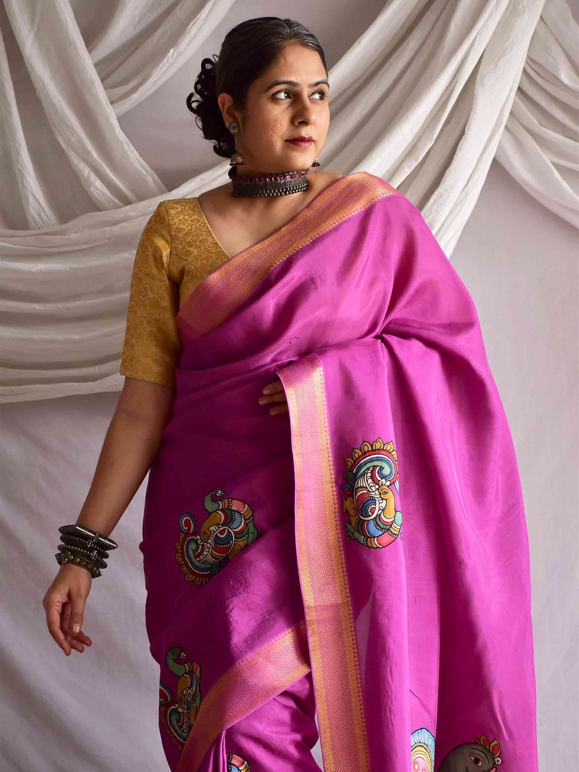 Morni - pen kalamkari Patchwork Mangalgiri Silk nizam border saree