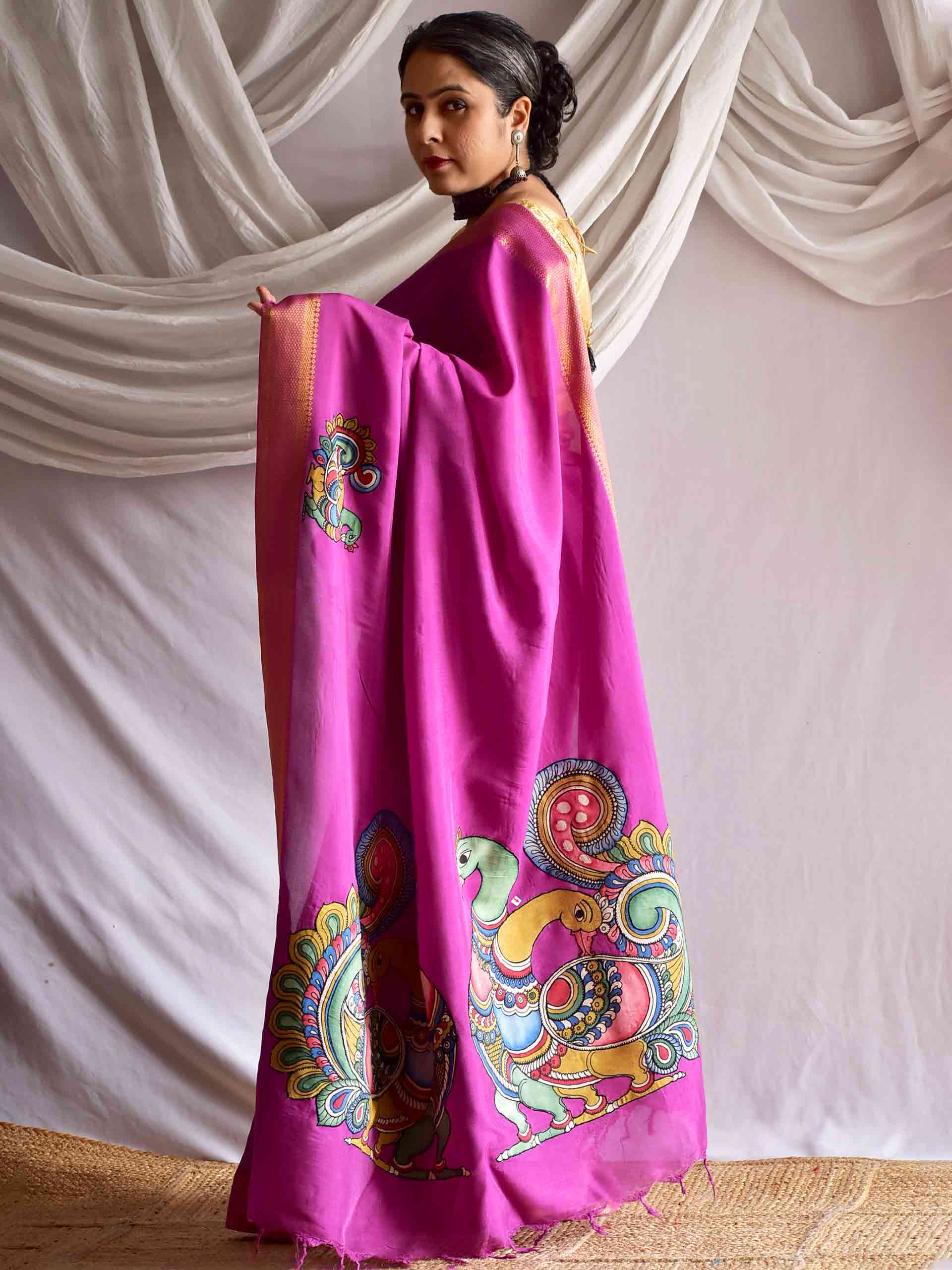 Morni - pen kalamkari Patchwork Mangalgiri Silk nizam border saree