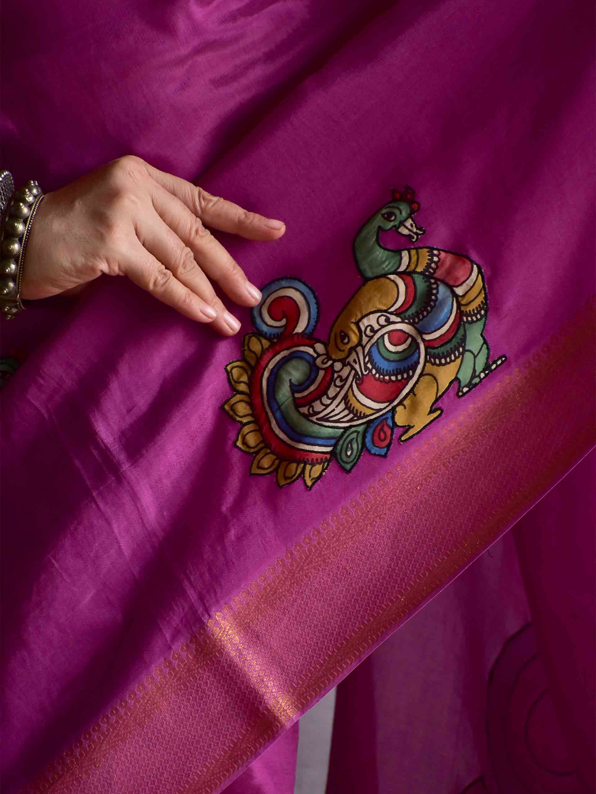 Morni - pen kalamkari Patchwork Mangalgiri Silk nizam border saree