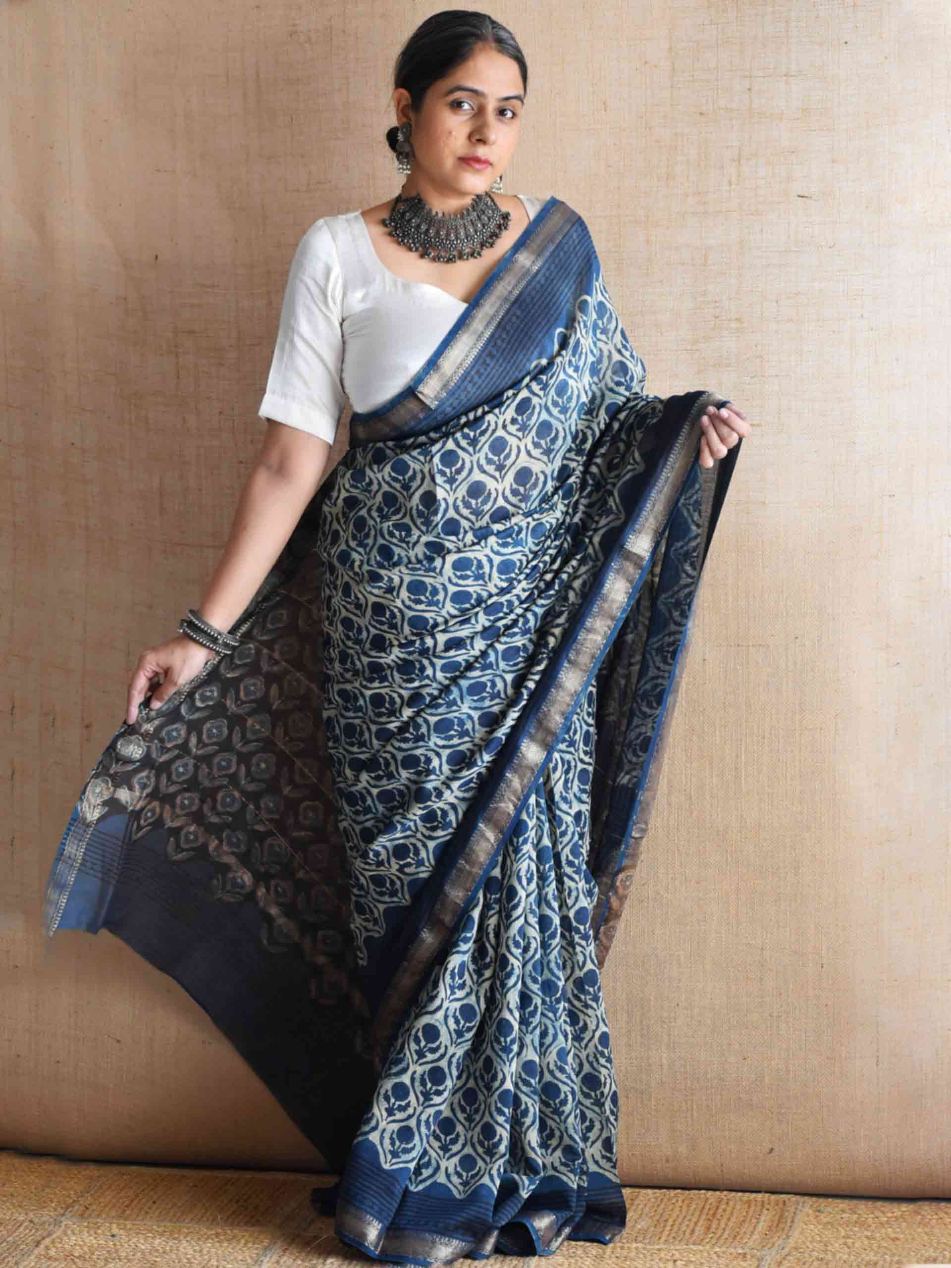 Gulbahar rang - Bagru Maheshwari silk saree