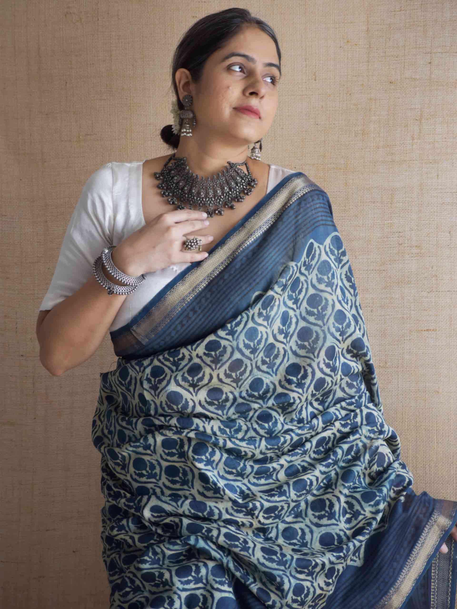 Gulbahar rang - Bagru Maheshwari silk saree