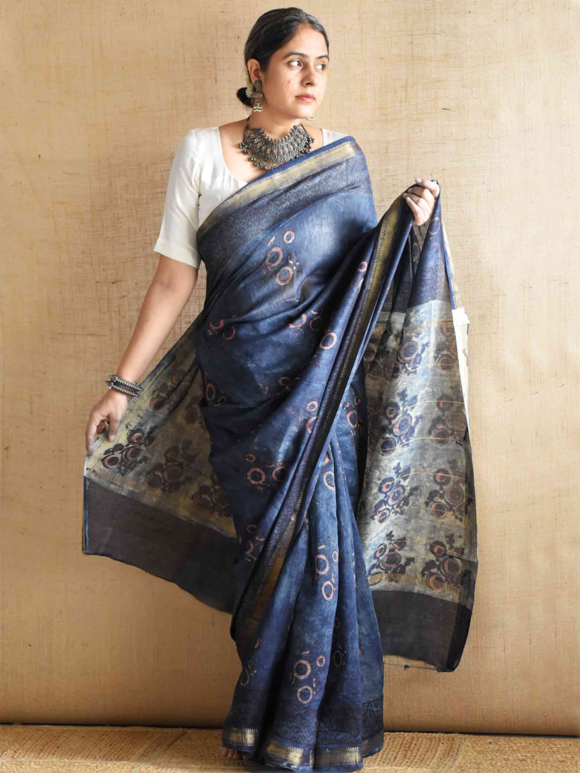 Badal rekha - Bagru Maheshwari silk saree