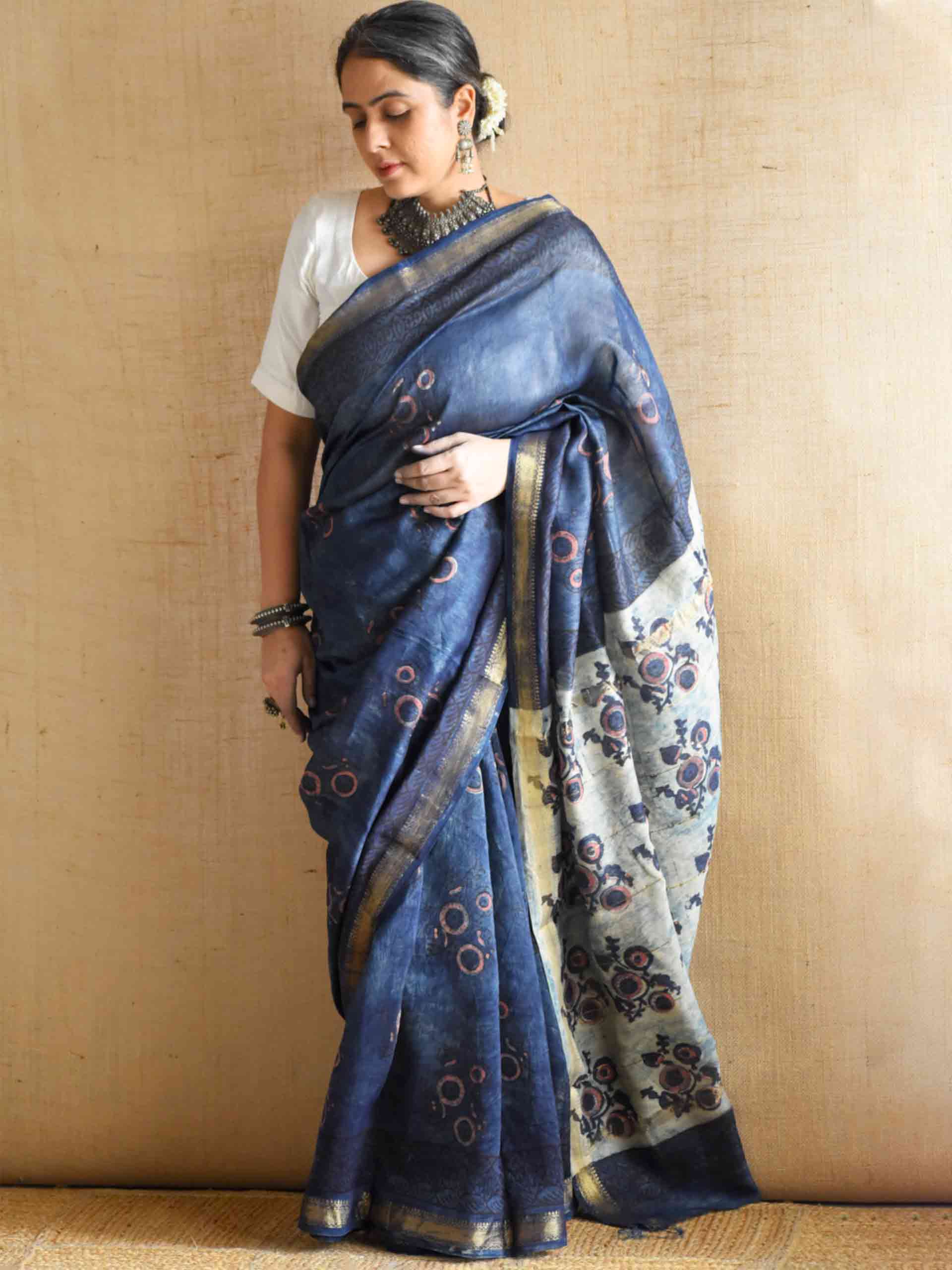 Badal rekha - Bagru Maheshwari silk saree