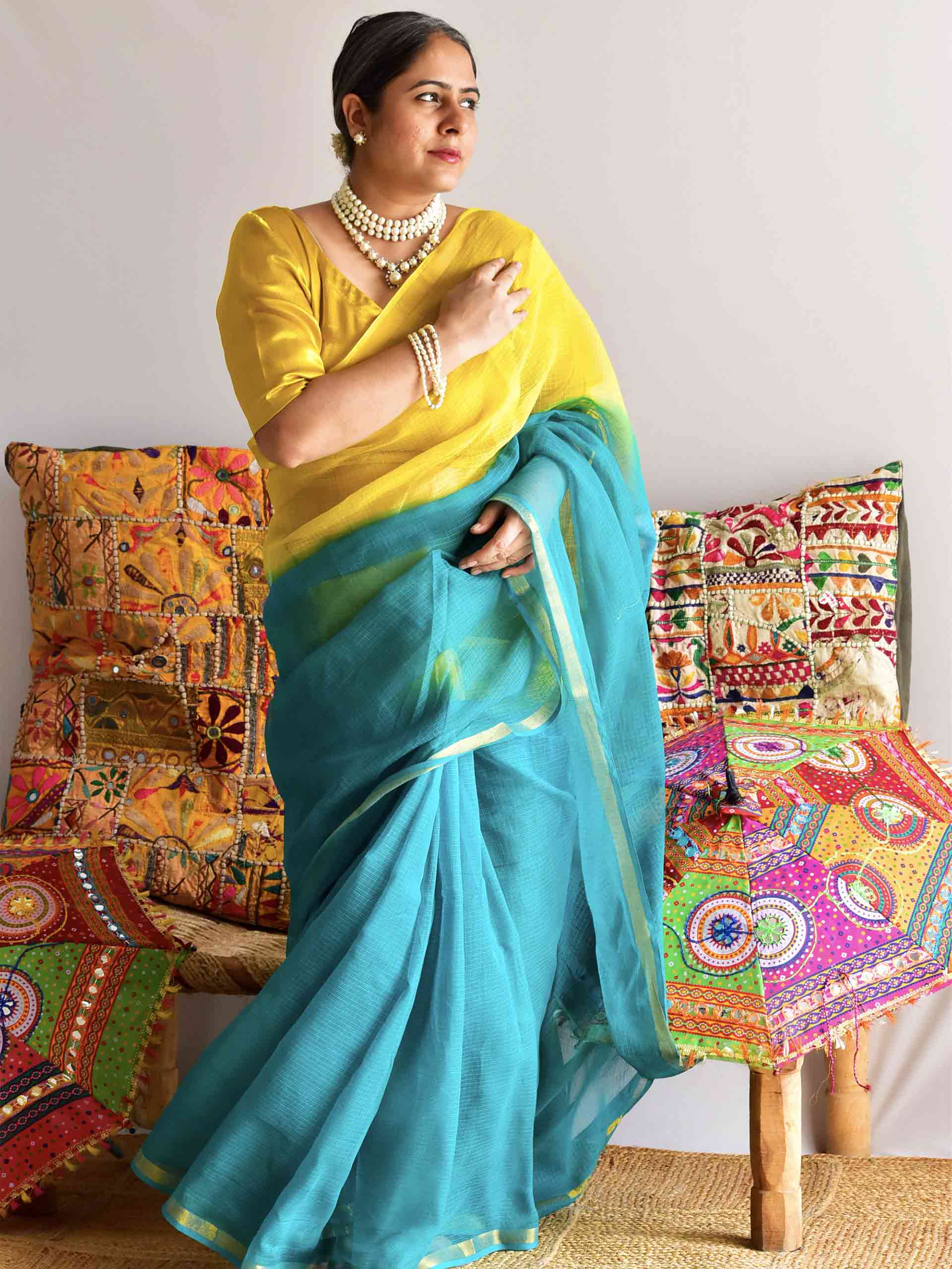 Lemon Lagoon - Tie and Dye Kota saree