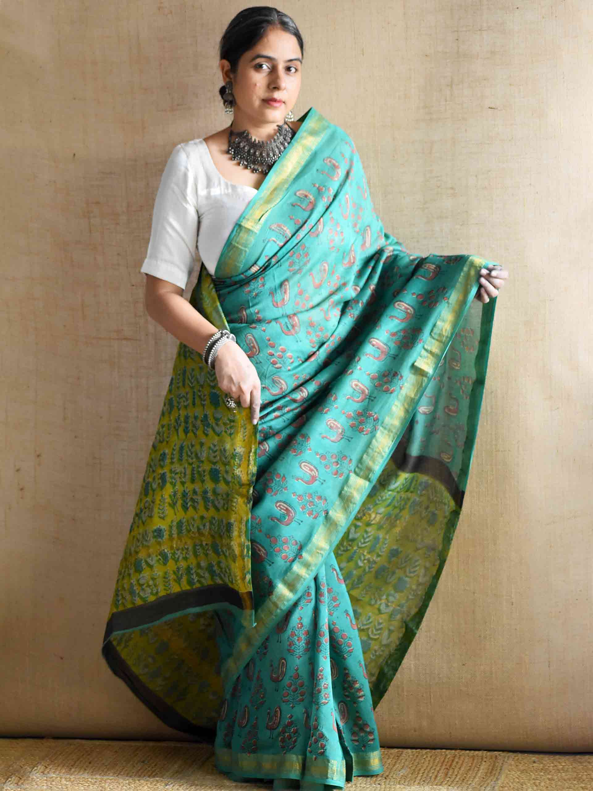 haryali Leher - Bagru Maheshwari silk saree