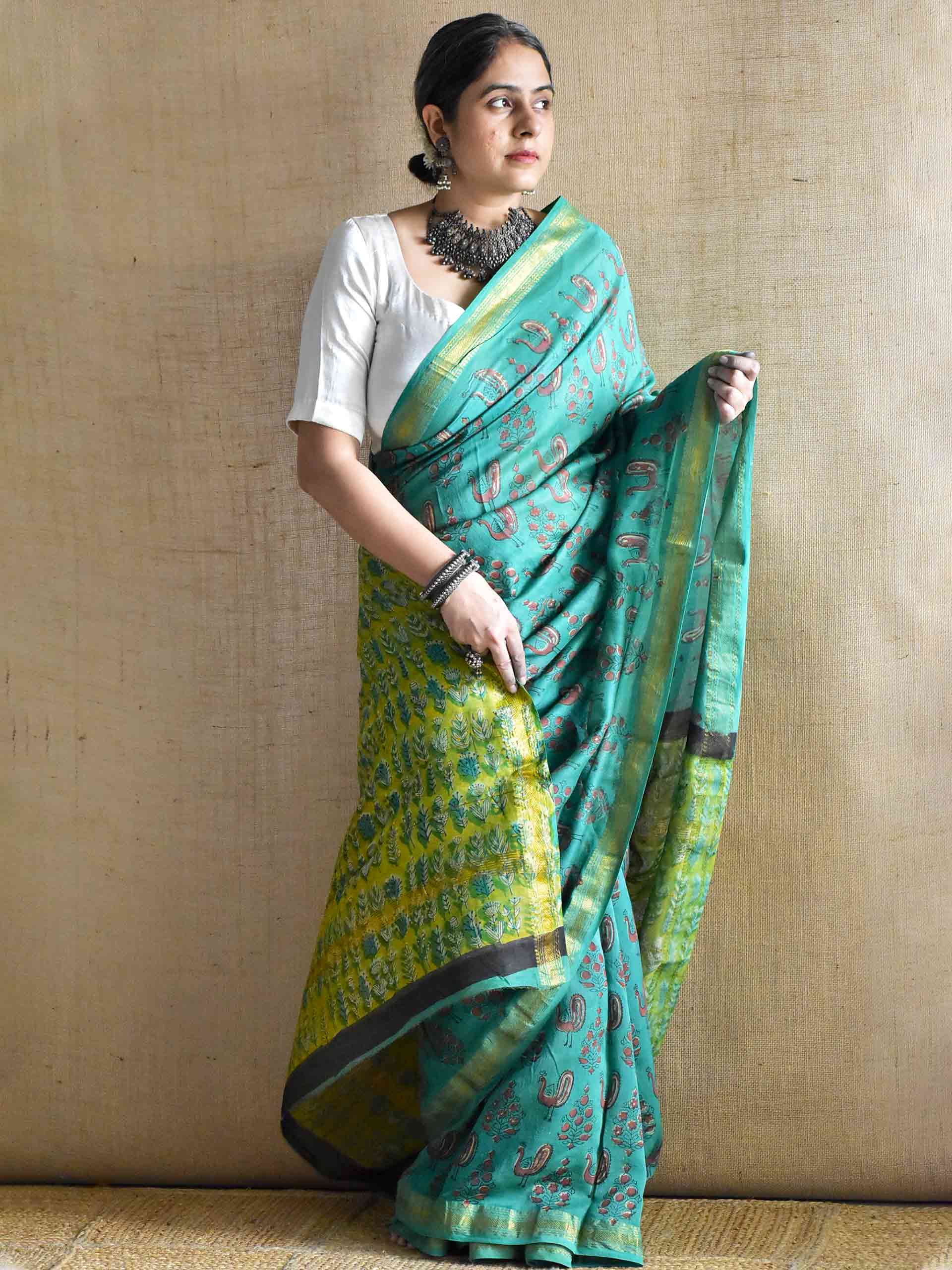 haryali Leher - Bagru Maheshwari silk saree