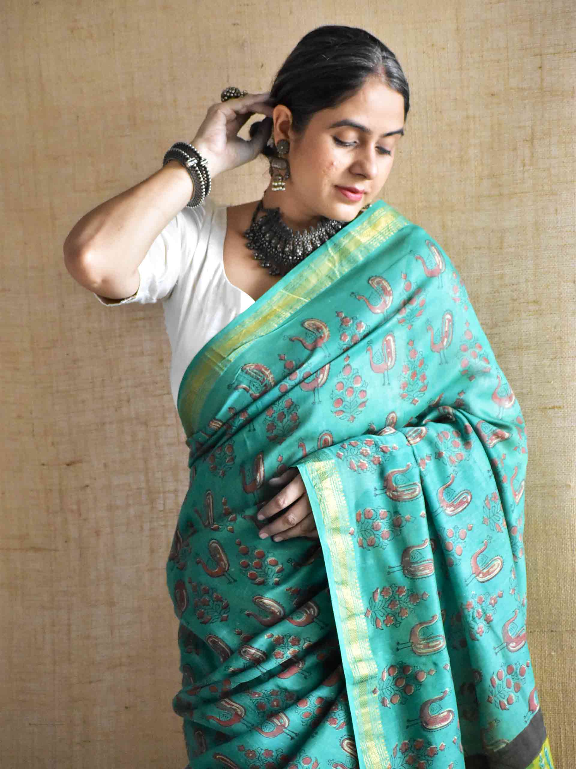 haryali Leher - Bagru Maheshwari silk saree