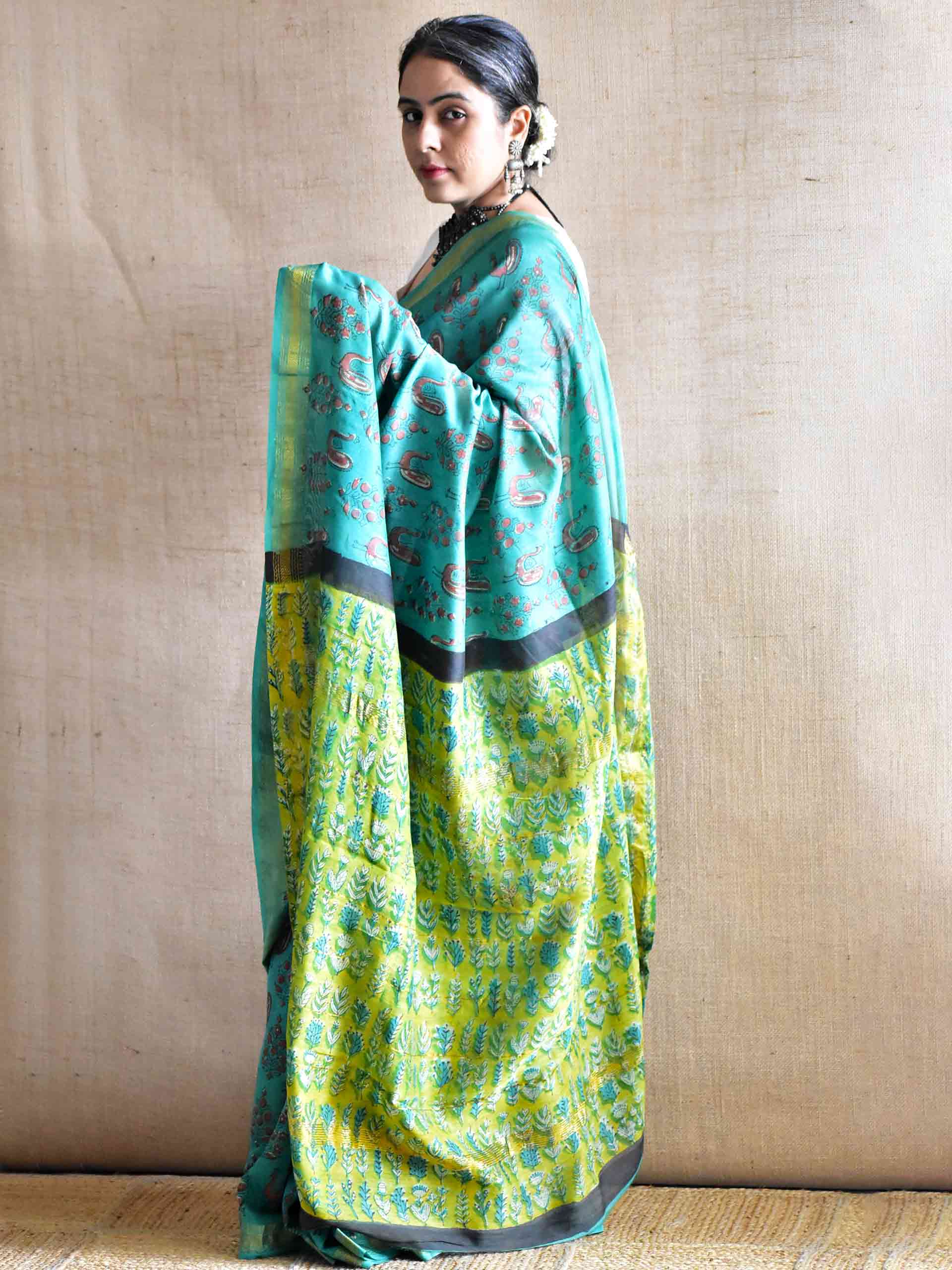 haryali Leher - Bagru Maheshwari silk saree