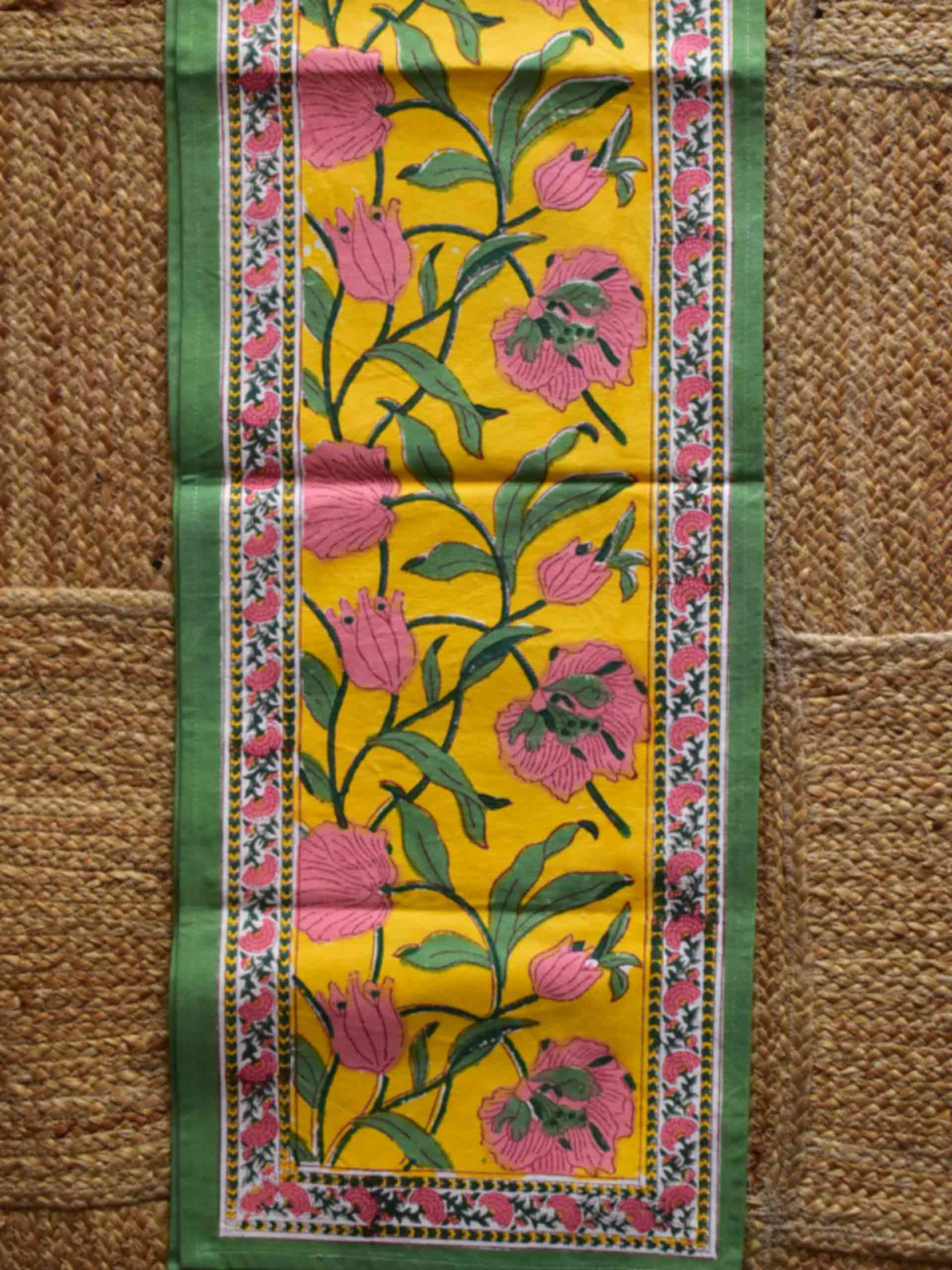 Evergreen Grace - Dabu Hand Block printed Table Runner 14x70