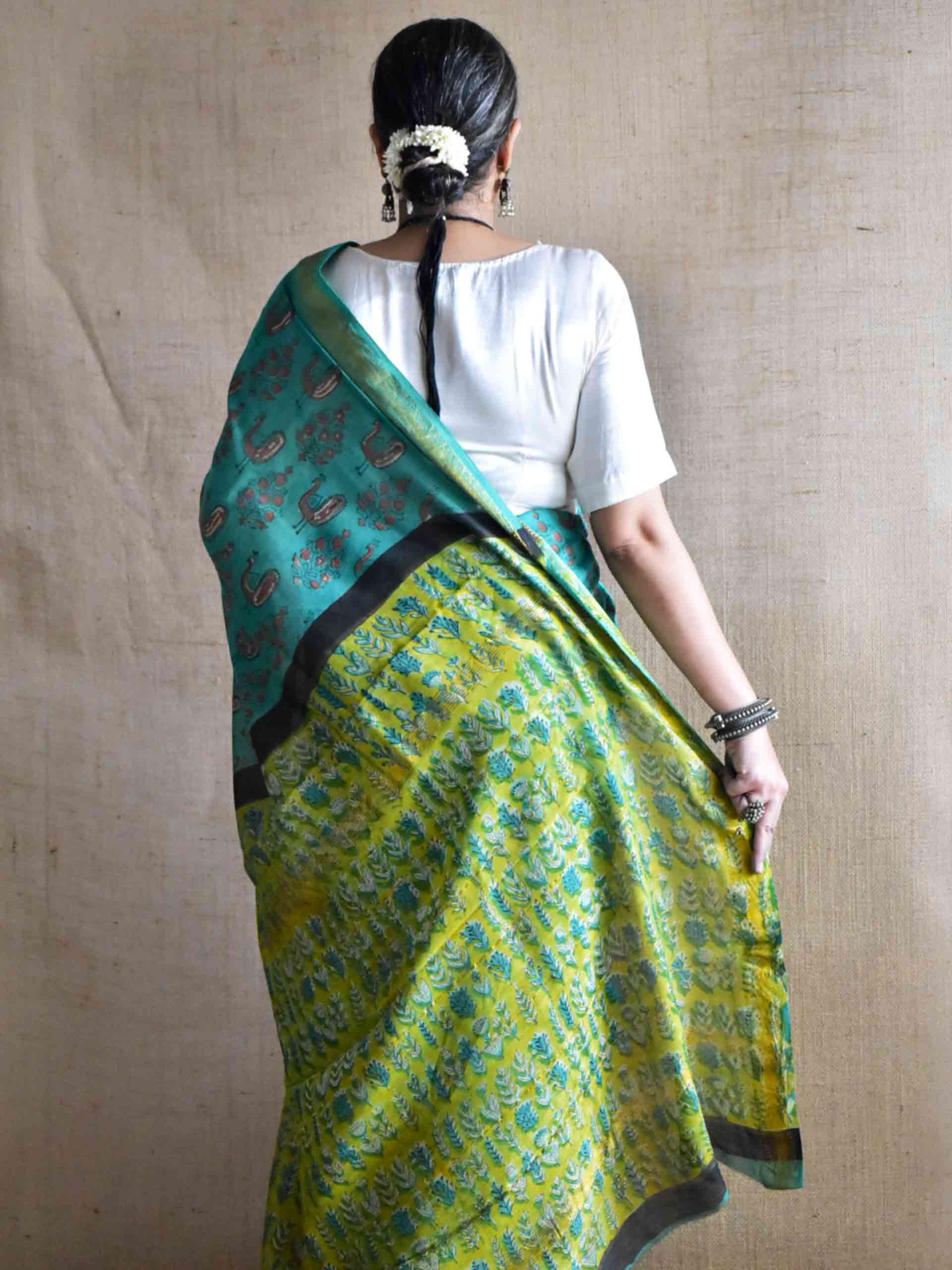 haryali Leher - Bagru Maheshwari silk saree