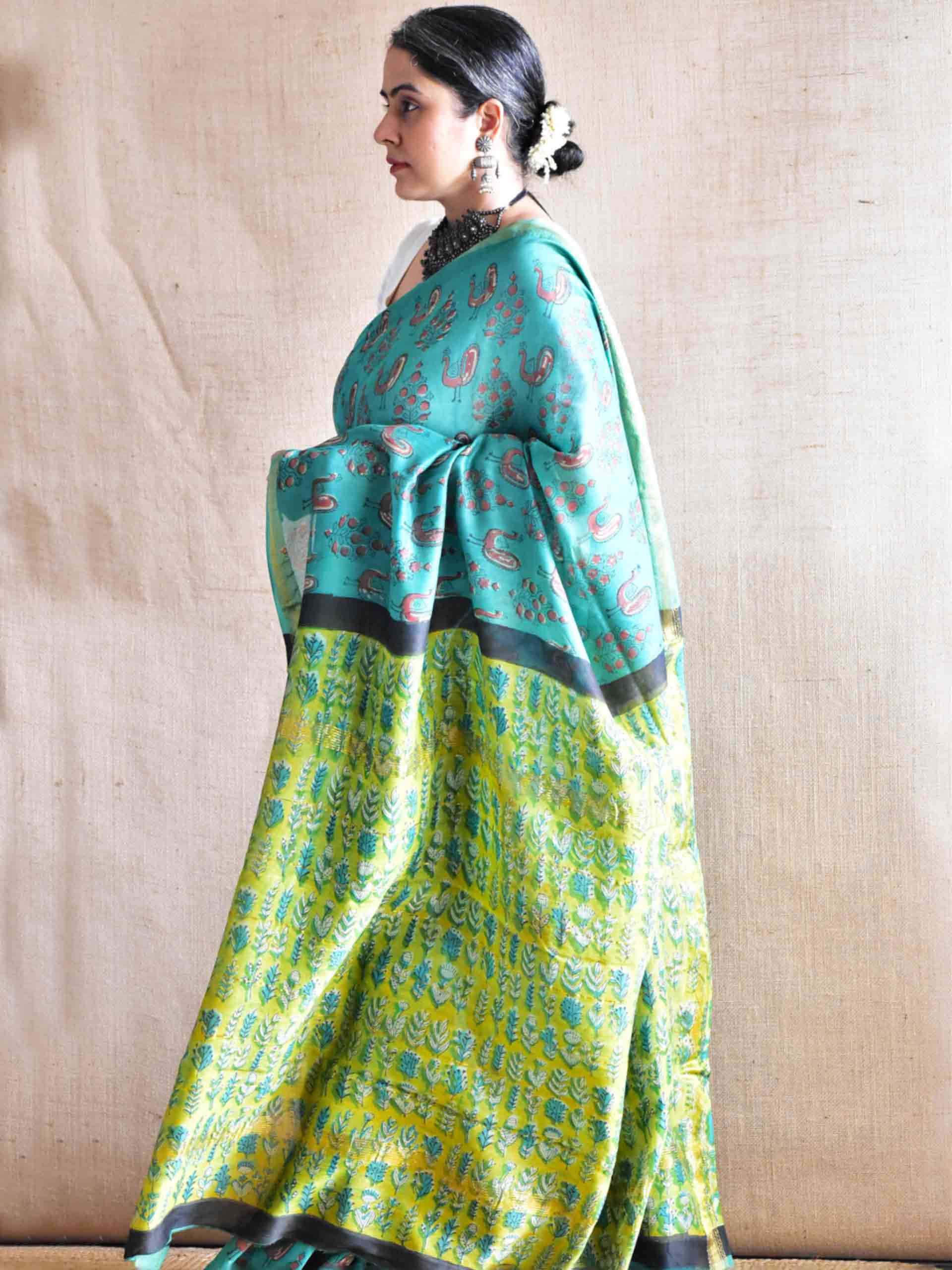 haryali Leher - Bagru Maheshwari silk saree