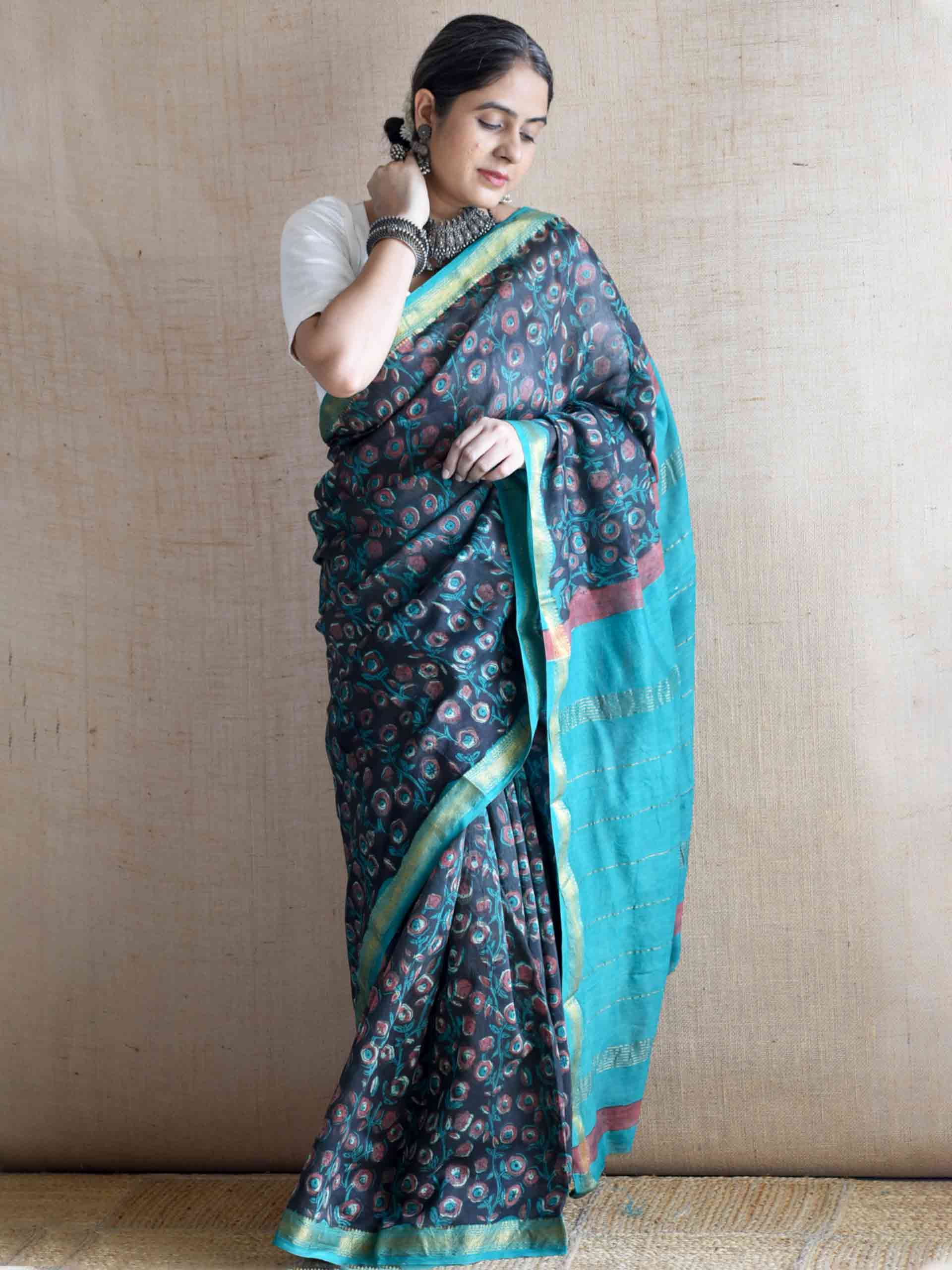 Dhundira - Bagru Maheshwari silk saree