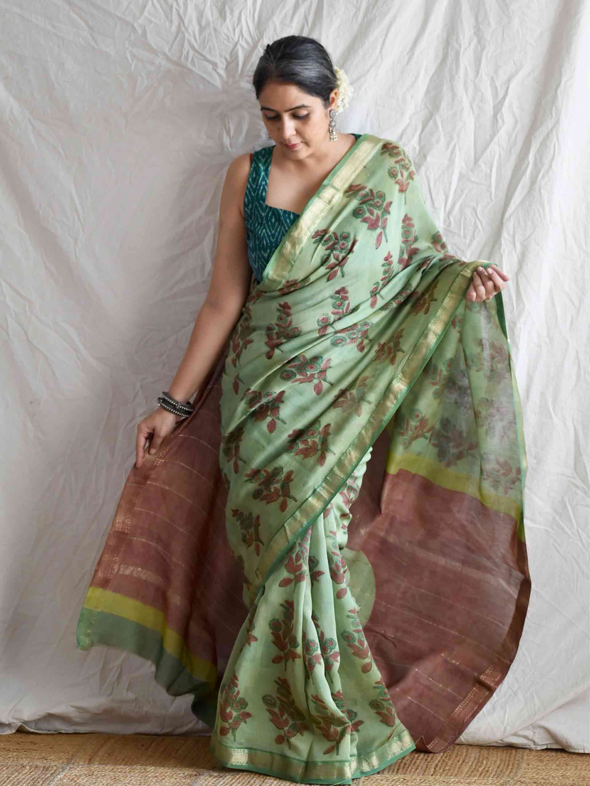 Tulsika - Bagru Maheshwari silk saree