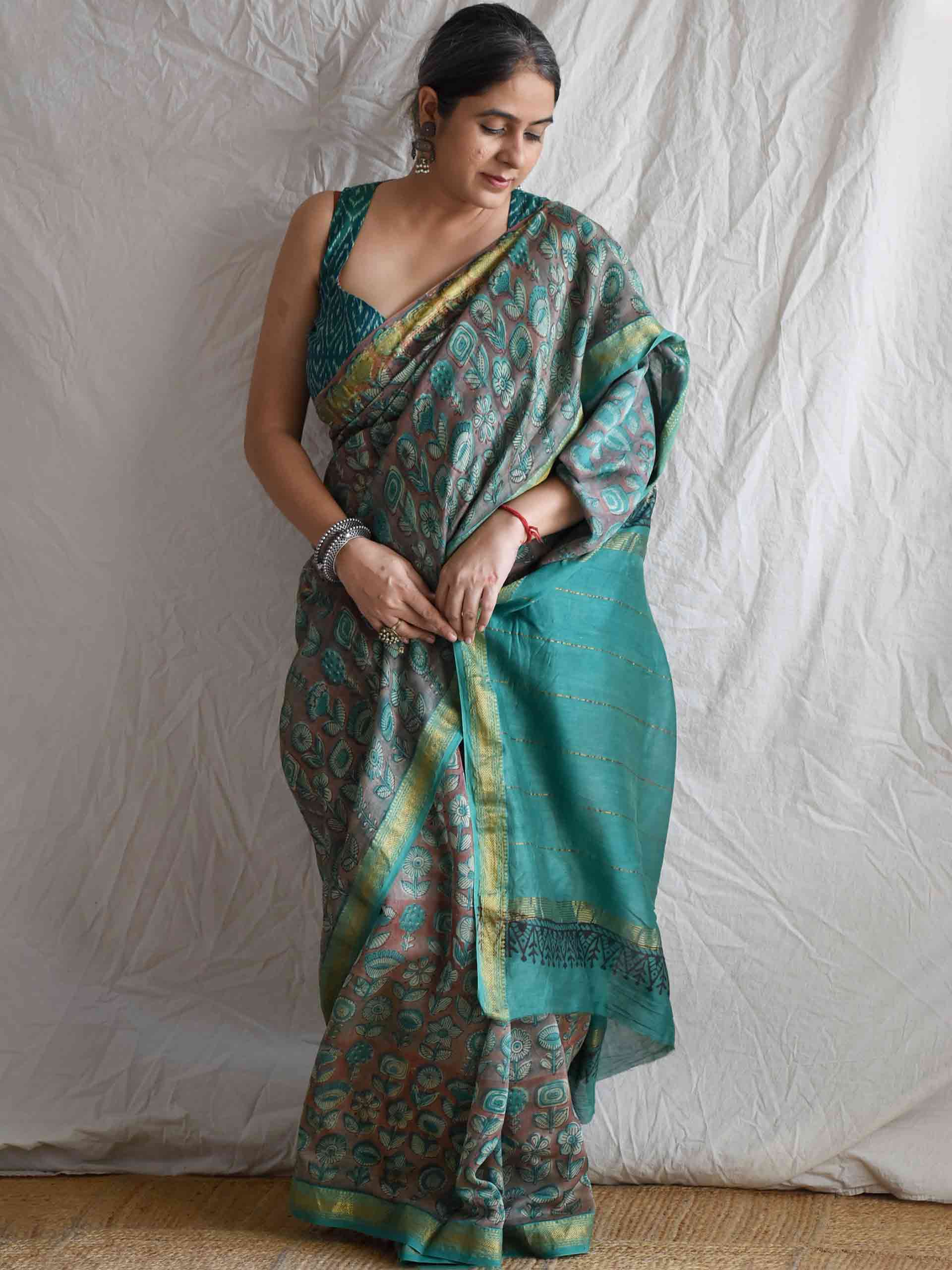 Sanjh Phool - Bagru Maheshwari silk saree