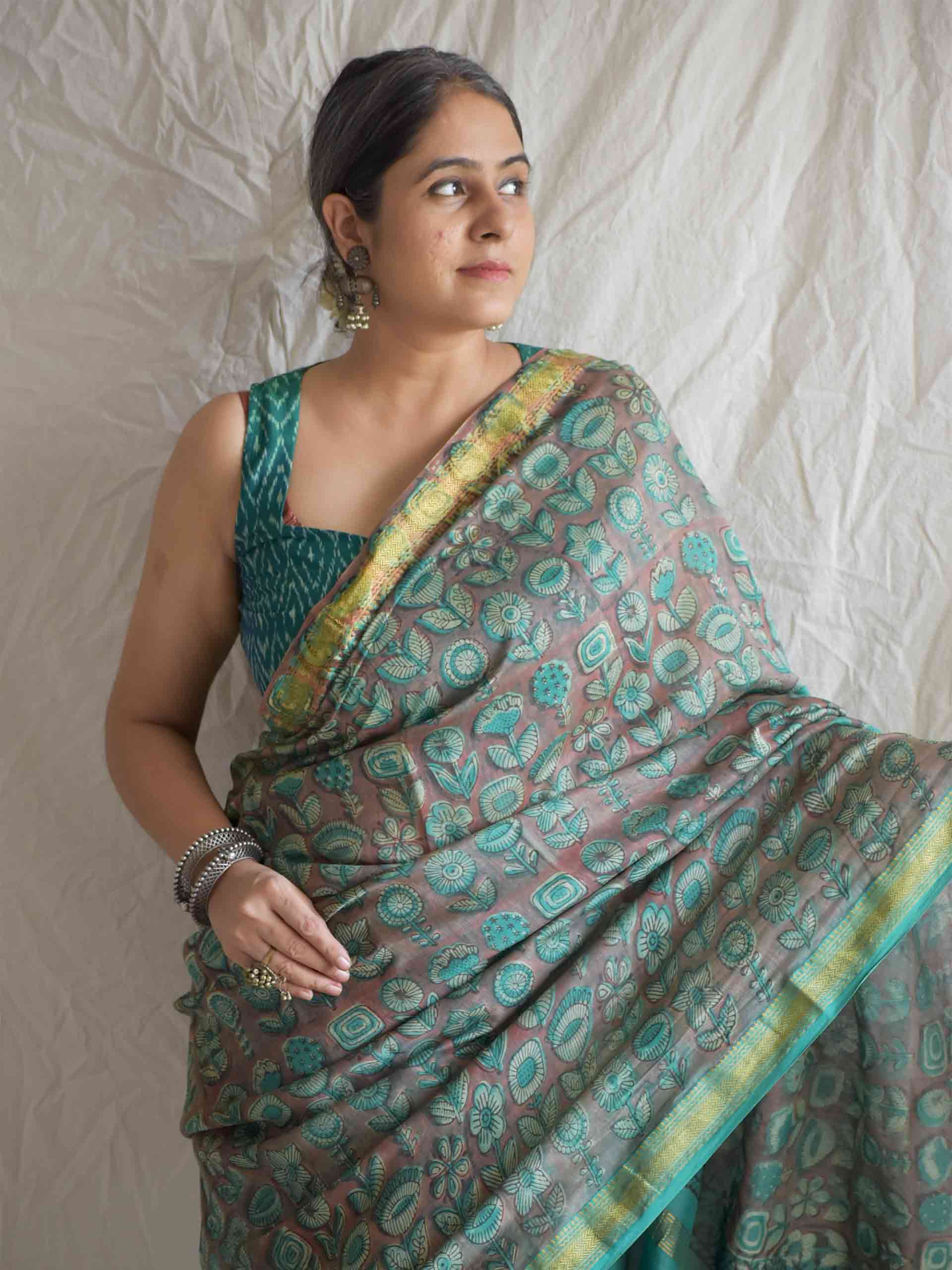 Sanjh Phool - Bagru Maheshwari silk saree