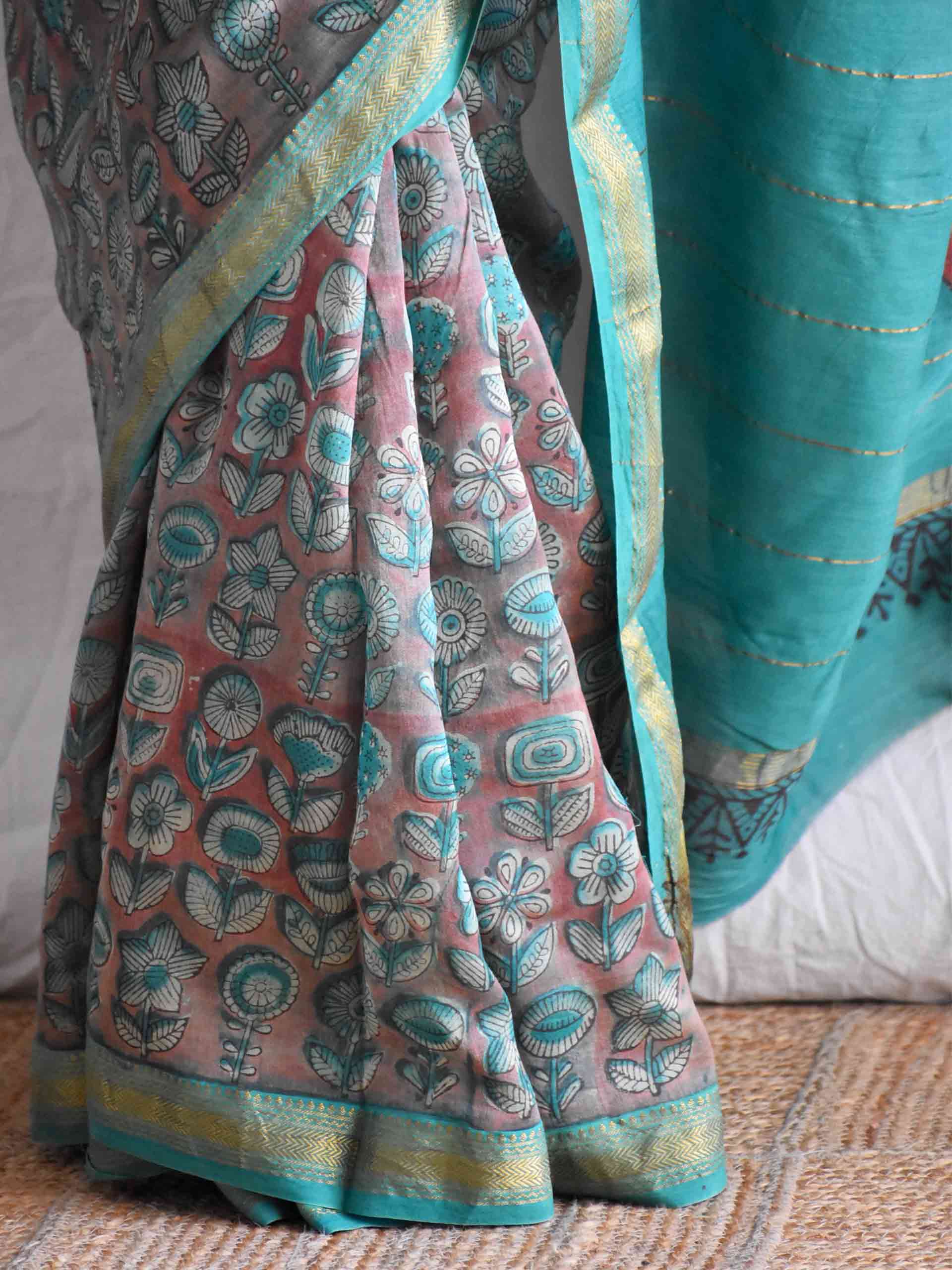 Sanjh Phool - Bagru Maheshwari silk saree
