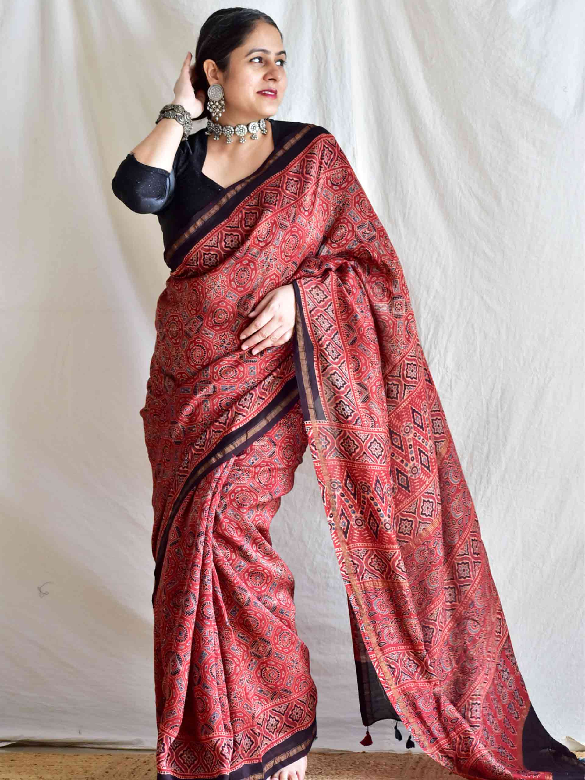 Red Ajrakh Chanderi Cotton Silk Dress Material